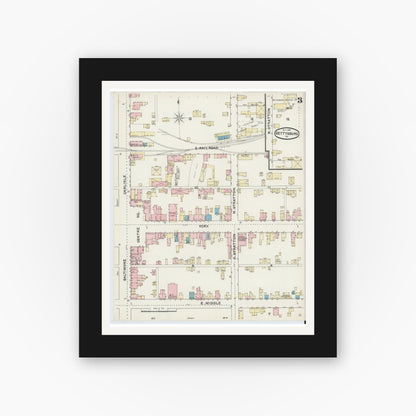 Old map wall art mockup — black gallery frame with white mat — Sanborn Fire Insurance Map from Gettysburg, Adams County, Pennsylvania (1891), Sheet #0003