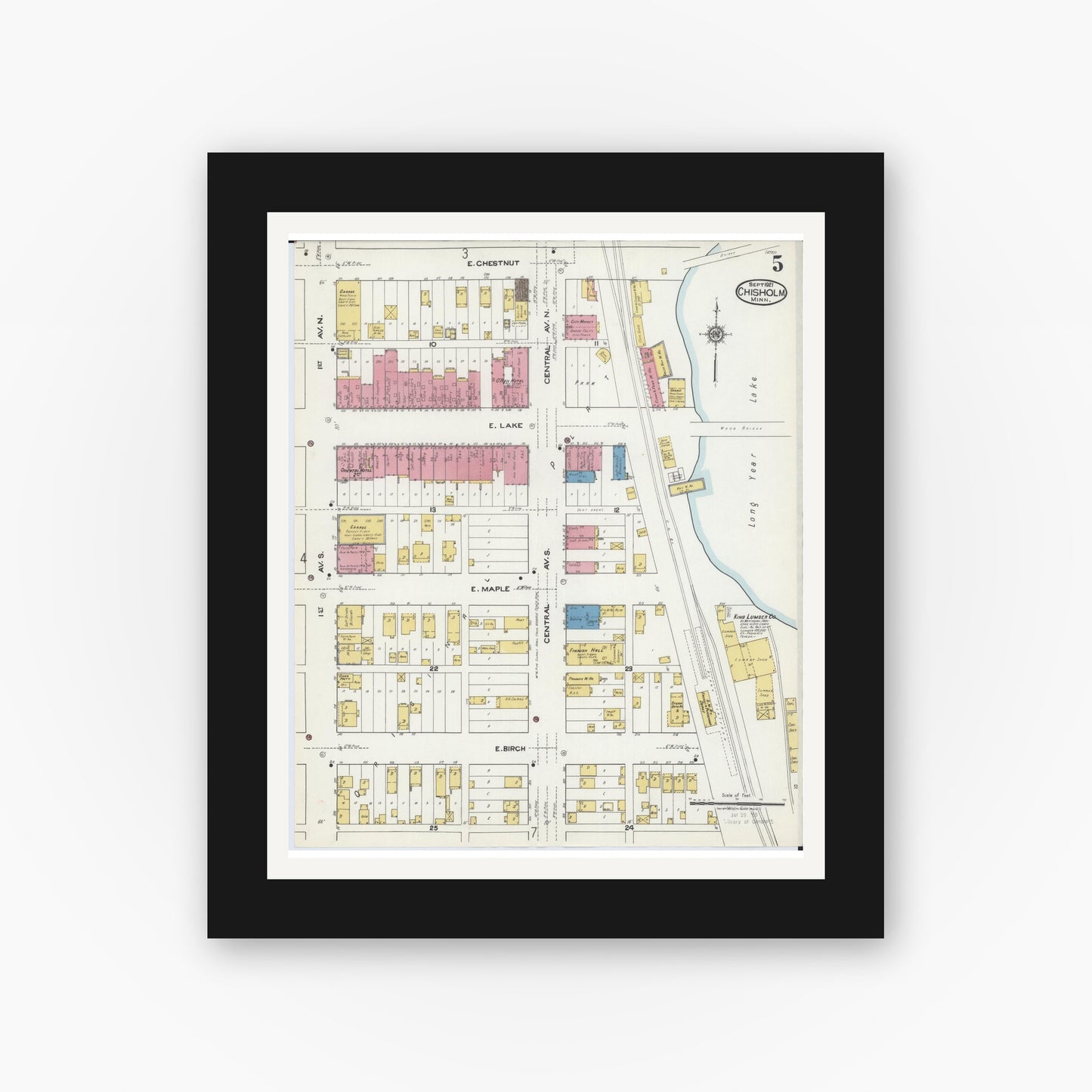 Old map wall art mockup — black gallery frame with white mat — Sanborn Fire Insurance Map from Chisholm, Saint Louis County, Minnesota (1921), Sheet #0005