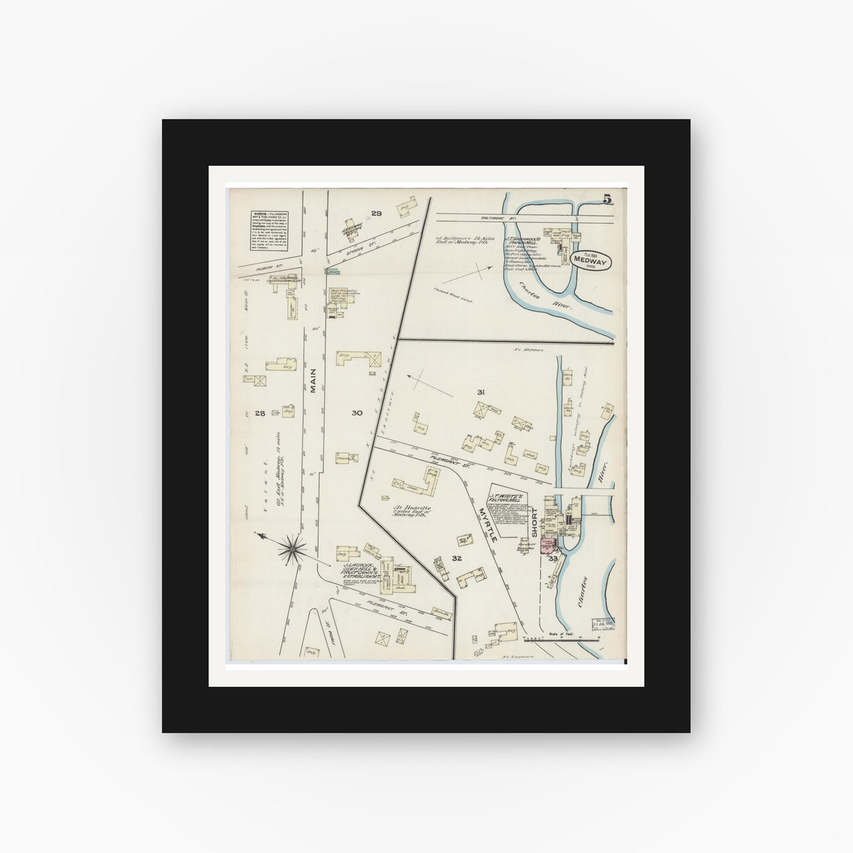 Old map wall art mockup — black gallery frame with white mat — Sanborn Fire Insurance Map from Medway, Norfolk County, Massachusetts (1884), Sheet #0005
