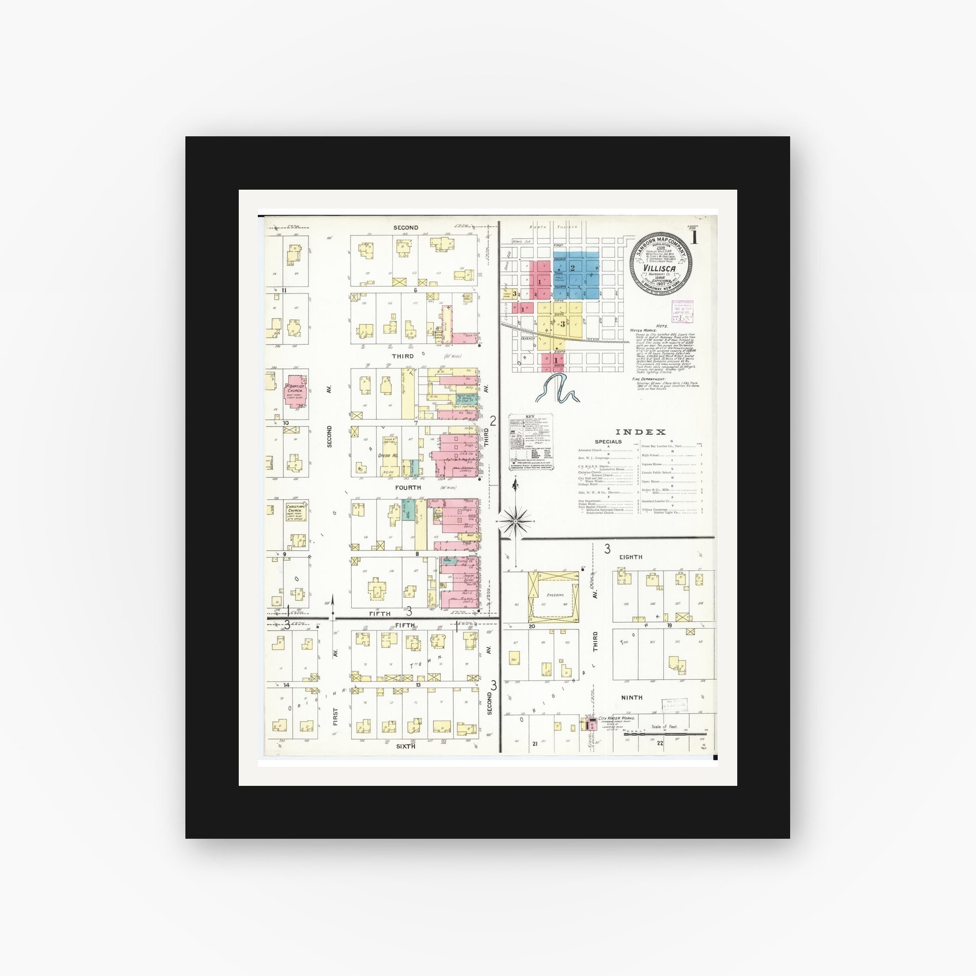 Old map wall art mockup — black gallery frame with white mat — Sanborn Fire Insurance Map from Villisca, Montgomery County, Iowa (1907) â€” Complete Set