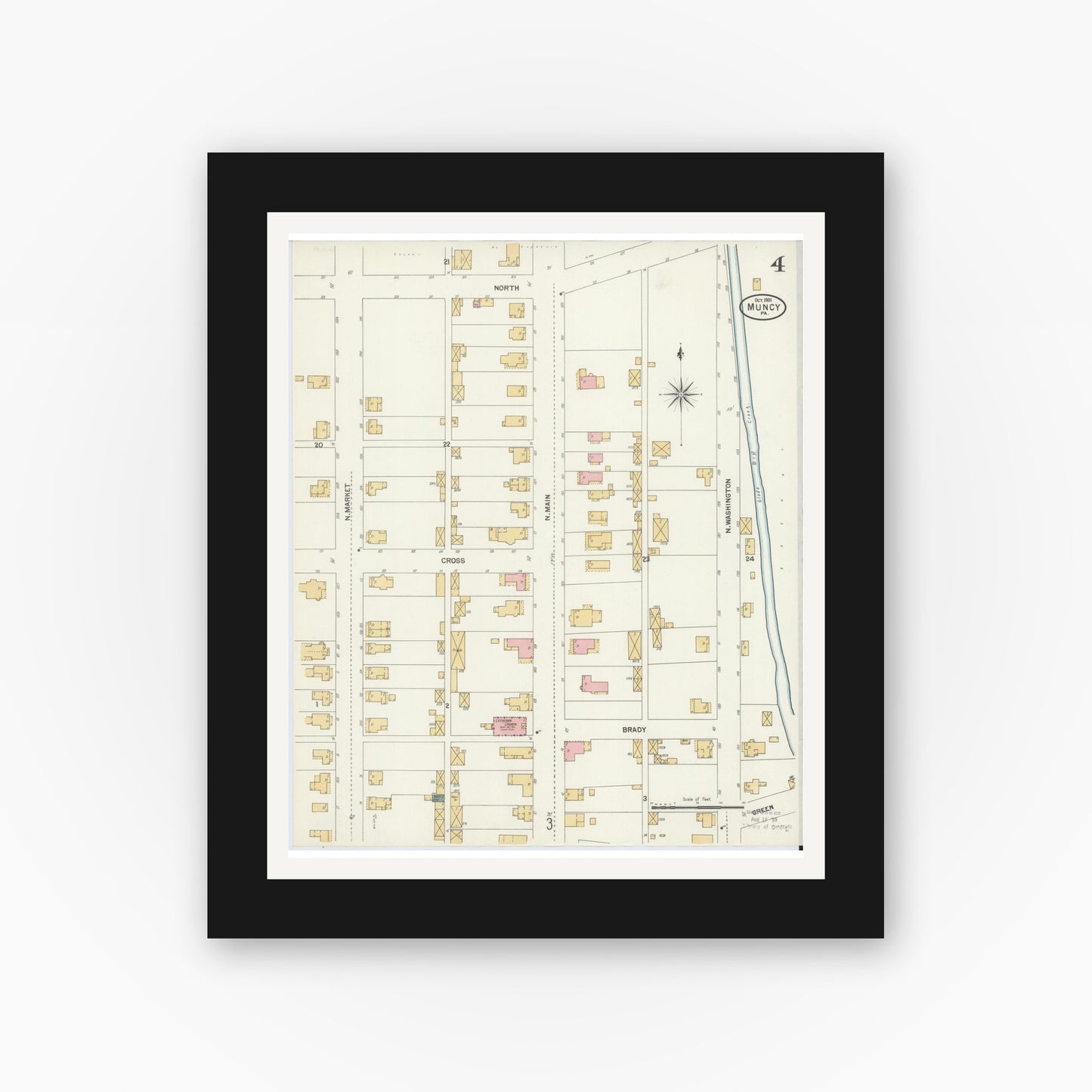Old map wall art mockup — black gallery frame with white mat — Sanborn Fire Insurance Map from Muncy, Lycoming County, Pennsylvania (1901), Sheet #0004