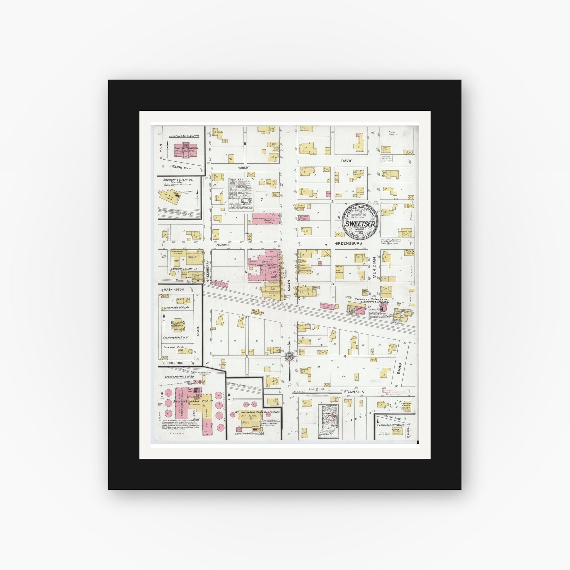 Old map wall art mockup — black gallery frame with white mat — Sanborn Fire Insurance Map from Sweetser, Grant County, Indiana (1920), Sheet #0001