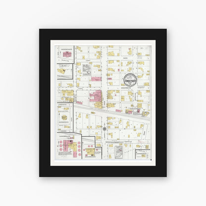 Old map wall art mockup — black gallery frame with white mat — Sanborn Fire Insurance Map from Sweetser, Grant County, Indiana (1920), Sheet #0001