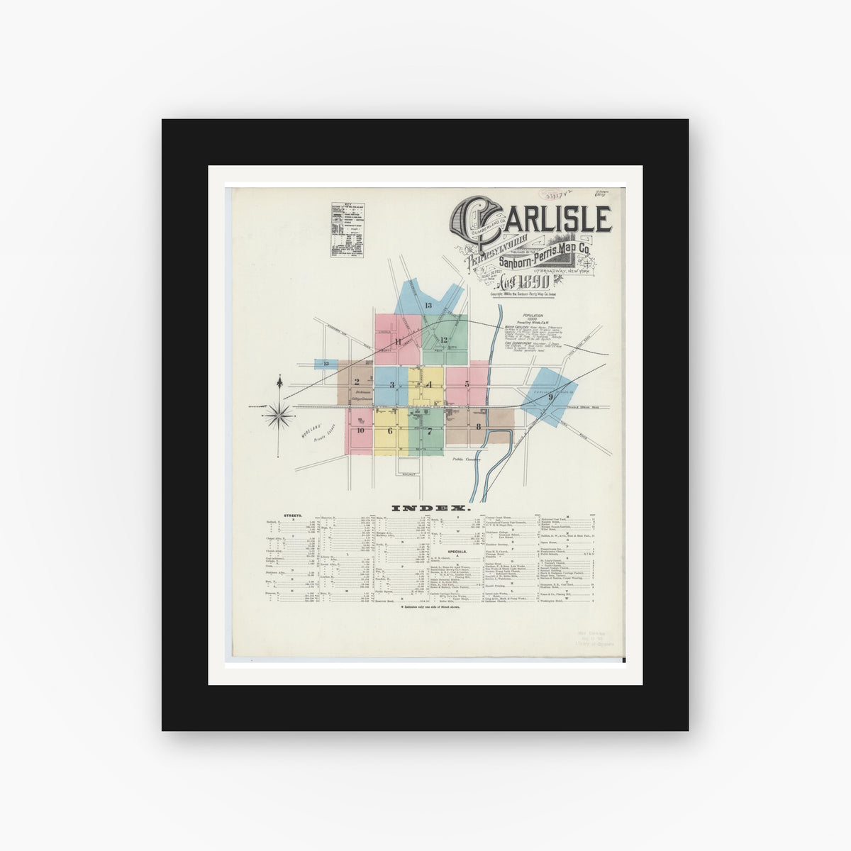 Old map wall art mockup — black gallery frame with white mat — Sanborn Fire Insurance Map from Carlisle, Cumberland County, Pennsylvania (1890) - Complete Map Set