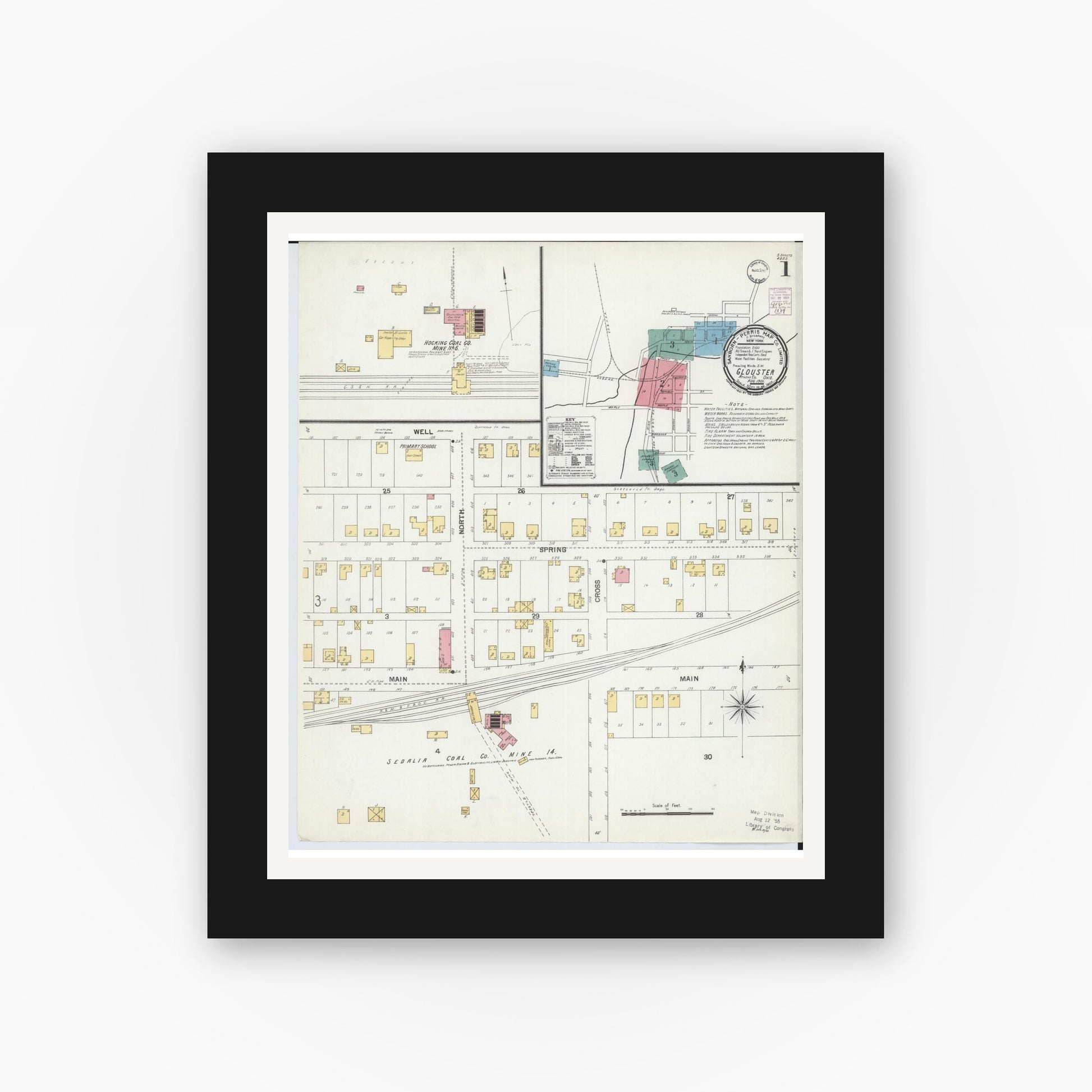 Old map wall art mockup — black gallery frame with white mat — Sanborn Fire Insurance Map from Glouster, Athens County, Ohio (1901), Sheet #0001