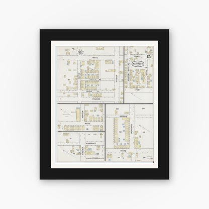 Old map wall art mockup — black gallery frame with white mat — Sanborn Fire Insurance Map from Key West, Monroe County, Florida (1889), Sheet #0015