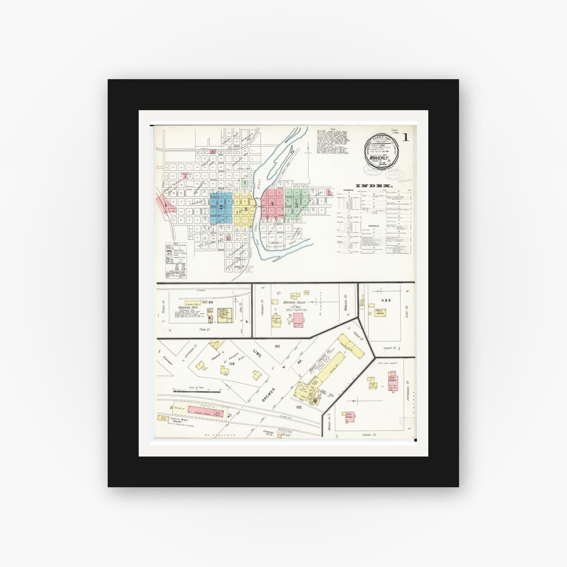 Old map wall art mockup — black gallery frame with white mat — Sanborn Fire Insurance Map from Waverly, Bremer County, Iowa (1897) â€” Complete Set