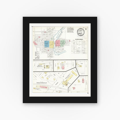 Old map wall art mockup — black gallery frame with white mat — Sanborn Fire Insurance Map from Waverly, Bremer County, Iowa (1897) â€” Complete Set