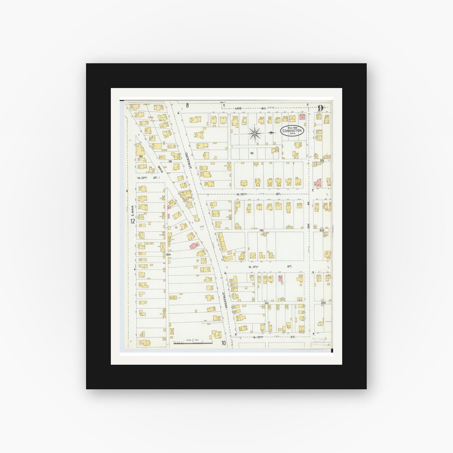 Old map wall art mockup — black gallery frame with white mat — Sanborn Fire Insurance Map from Coshocton, Coshocton County, Ohio (1905), Sheet #0009