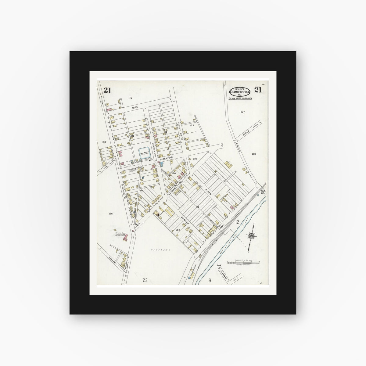 Old map wall art mockup — black gallery frame with white mat — Sanborn Fire Insurance Map from Chambersburg, Franklin County, Pennsylvania (1924), Sheet #0021