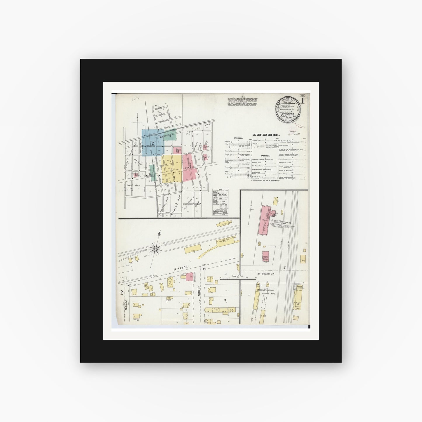 Old map wall art mockup — black gallery frame with white mat — Sanborn Fire Insurance Map from Sturgis, Saint Joseph County, Michigan (1895) - Complete Map Set