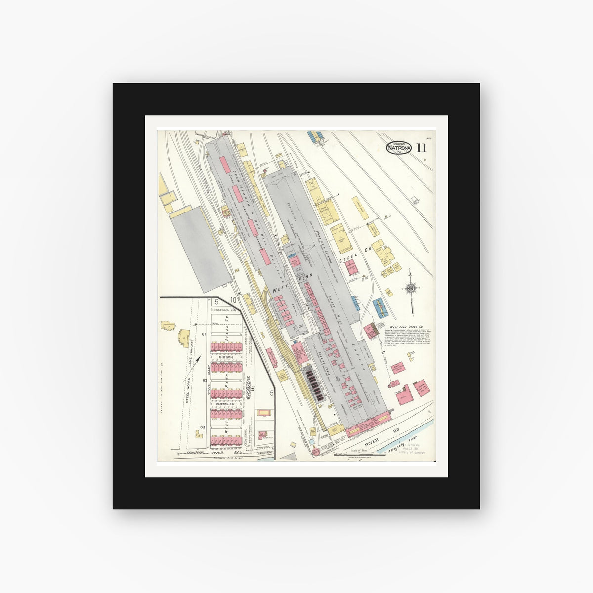 Old map wall art mockup — black gallery frame with white mat — Sanborn Fire Insurance Map from Natrona, Allegheny County, Pennsylvania (1921), Sheet #0011