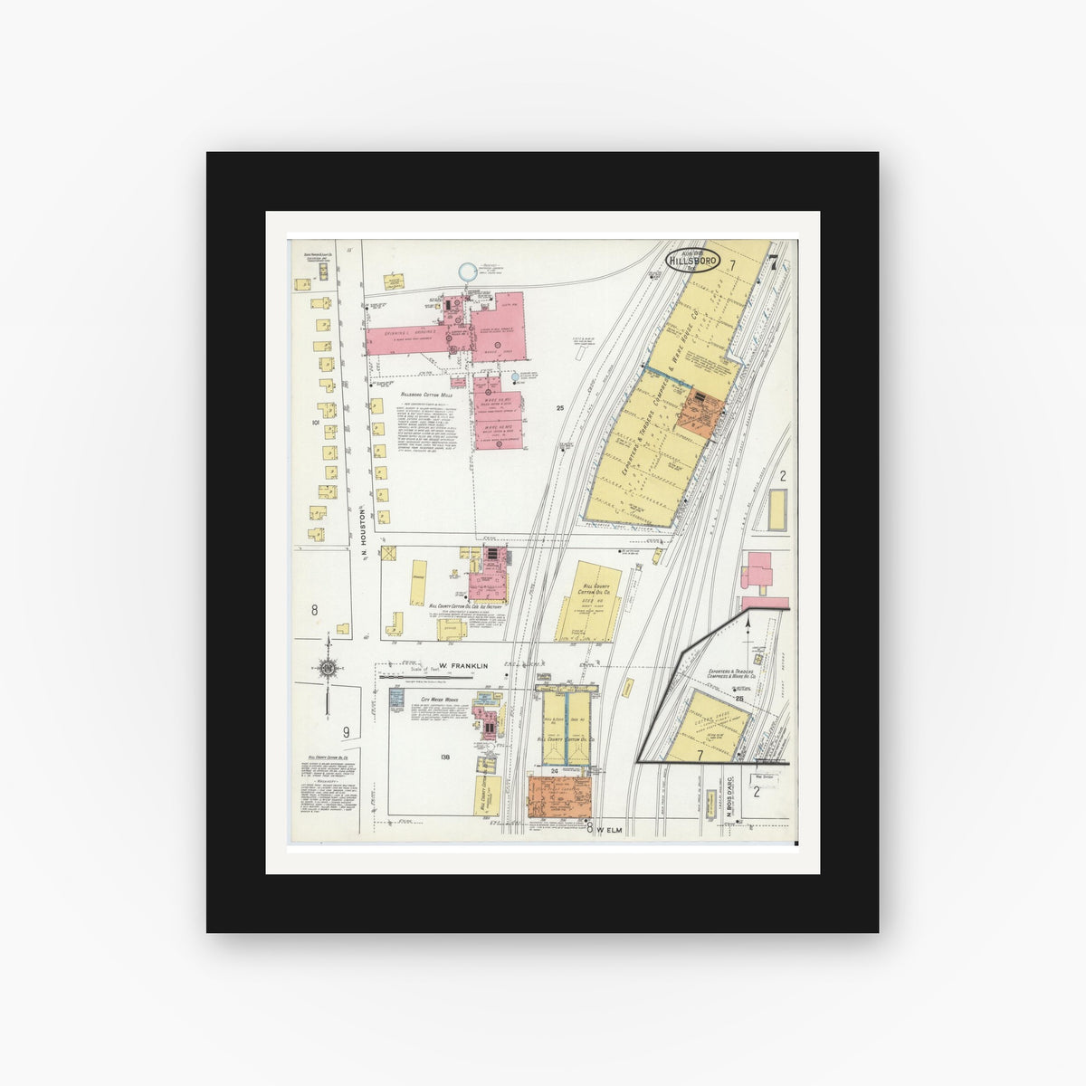 Old map wall art mockup — black gallery frame with white mat — Sanborn Fire Insurance Map from Hillsboro, Hill County, Texas (1918), Sheet #0007