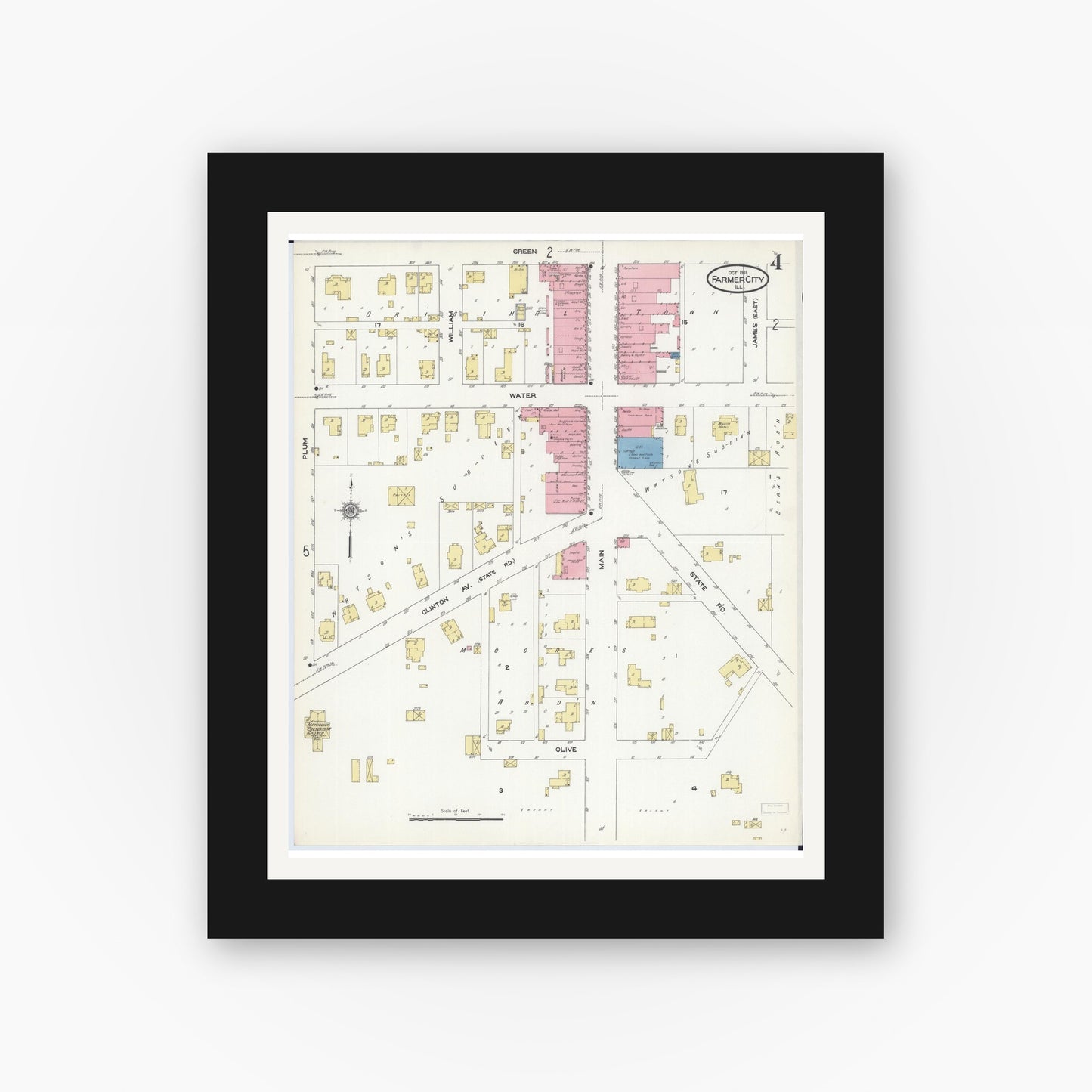 Old map wall art mockup — black gallery frame with white mat — Sanborn Fire Insurance Map from Farmer City, De Witt County, Illinois (1911), Sheet #0004