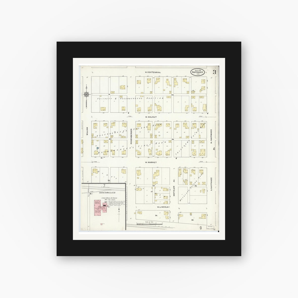 Old map wall art mockup — black gallery frame with white mat — Sanborn Fire Insurance Map from Nappanee, Elkhart County, Indiana (1910), Sheet #0003