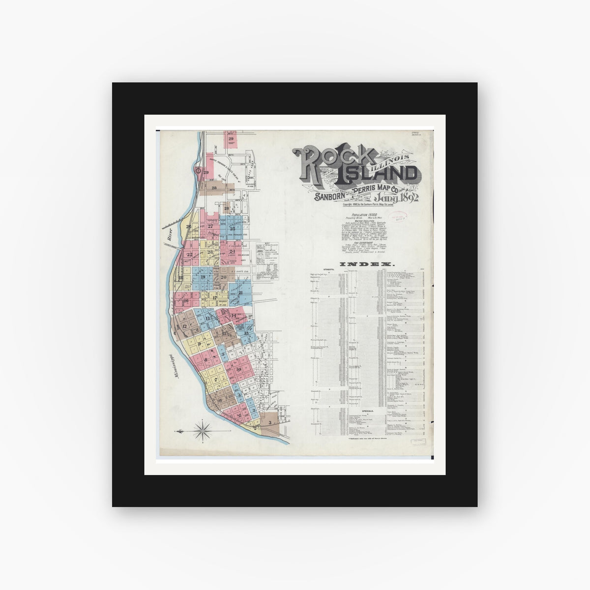 Old map wall art mockup — black gallery frame with white mat — Sanborn Fire Insurance Map from Rock Island, Rock Island County, Illinois (1892), Sheet #0001