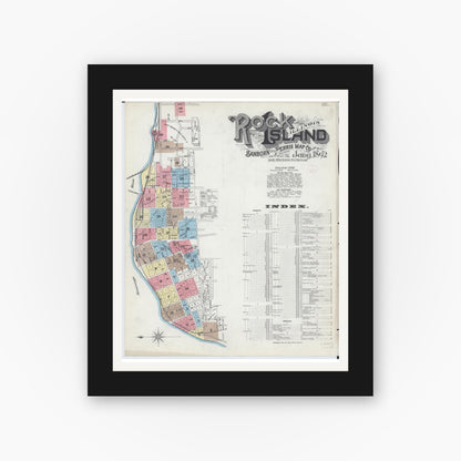 Old map wall art mockup — black gallery frame with white mat — Sanborn Fire Insurance Map from Rock Island, Rock Island County, Illinois (1892), Sheet #0001