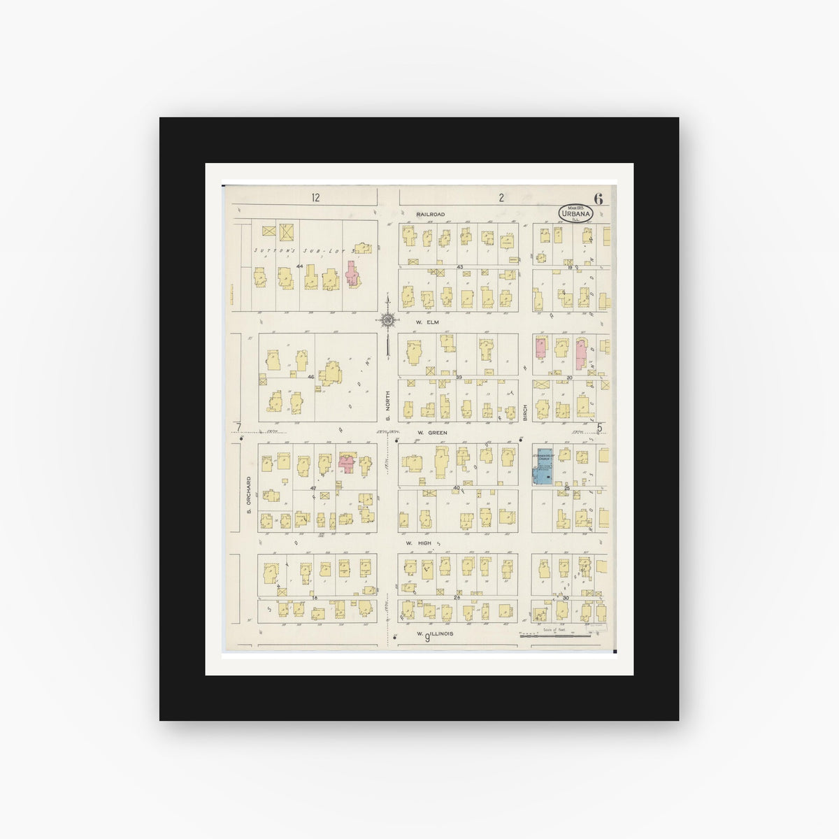 Old map wall art mockup — black gallery frame with white mat — Sanborn Fire Insurance Map from Urbana, Champaign County, Illinois (1915), Sheet #0006