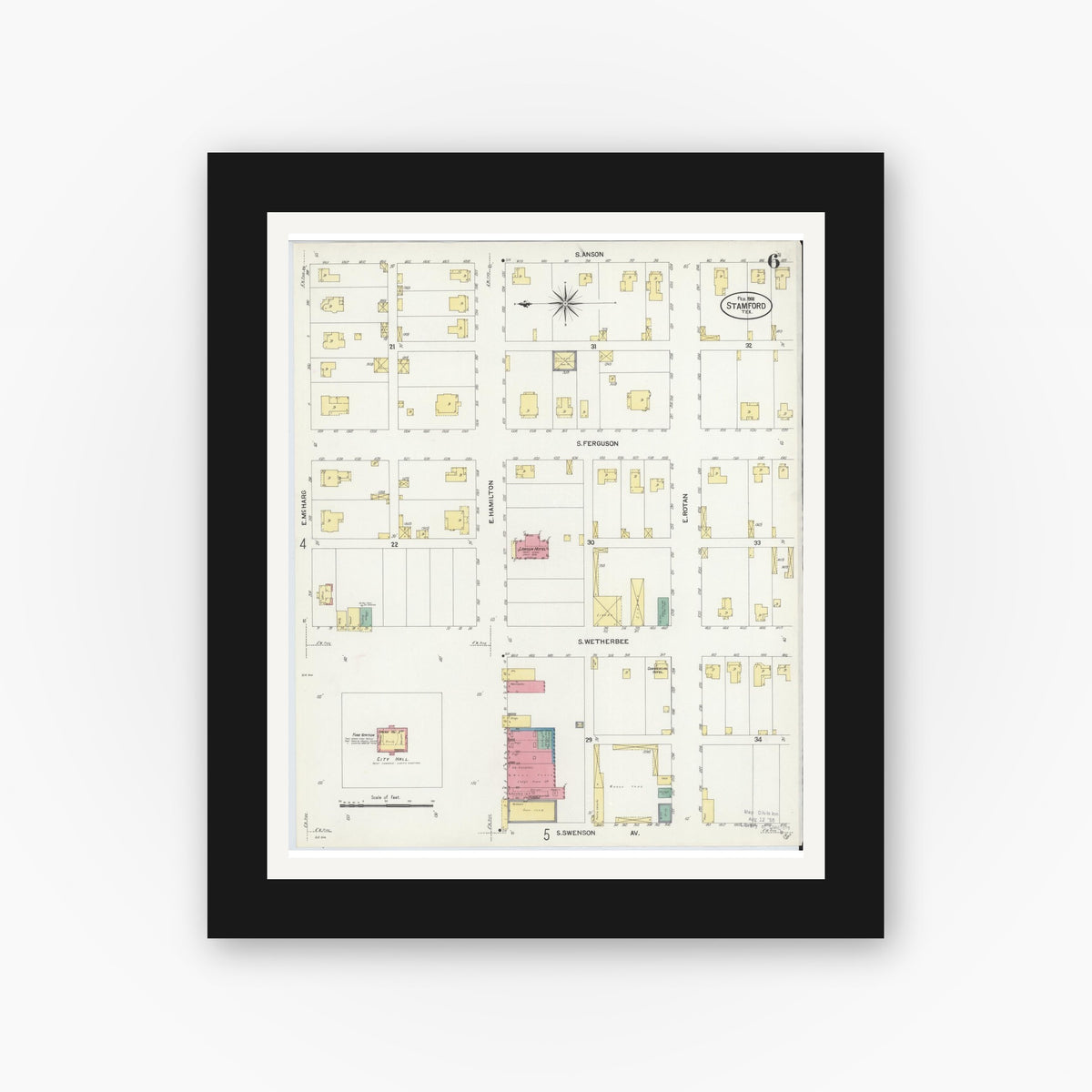 Old map wall art mockup — black gallery frame with white mat — Sanborn Fire Insurance Map from Stamford, Jones County, Texas (1908), Sheet #0006