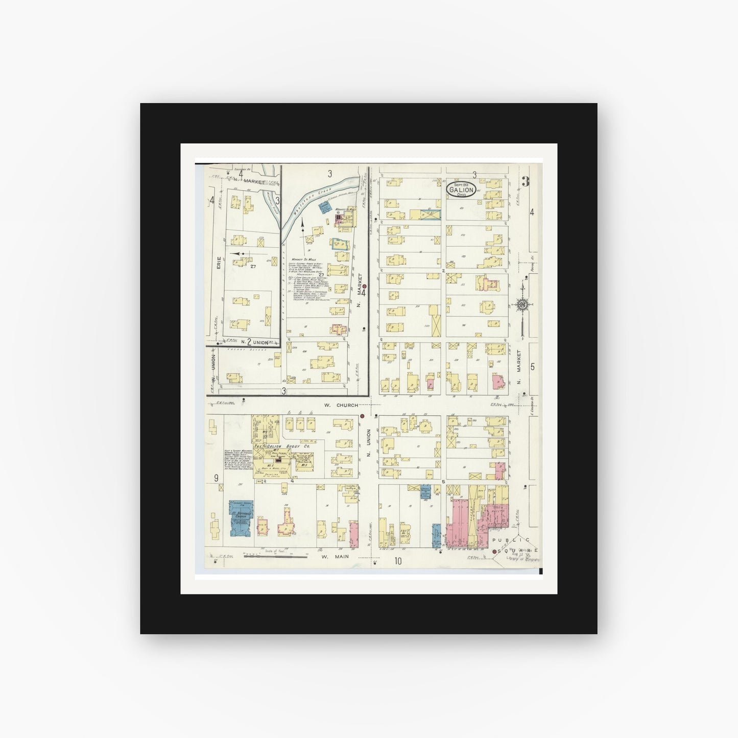 Old map wall art mockup — black gallery frame with white mat — Sanborn Fire Insurance Map from Galion, Crawford County, Ohio (1913), Sheet #0003