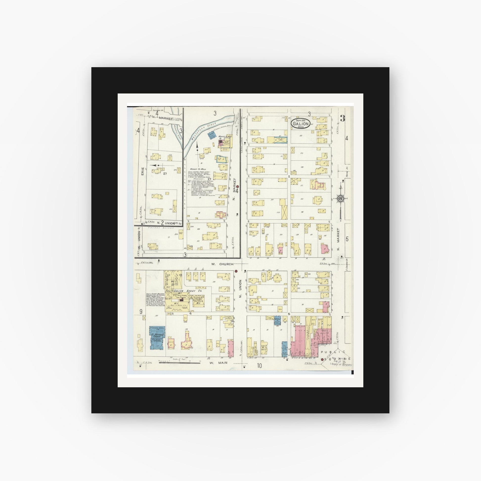 Old map wall art mockup — black gallery frame with white mat — Sanborn Fire Insurance Map from Galion, Crawford County, Ohio (1913), Sheet #0003