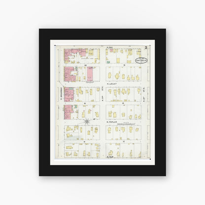 Old map wall art mockup — black gallery frame with white mat — Sanborn Fire Insurance Map from Centralia, Marion, Clinton, Jefferson, and Washington Counties, Illinois (1892), Sheet #0003
