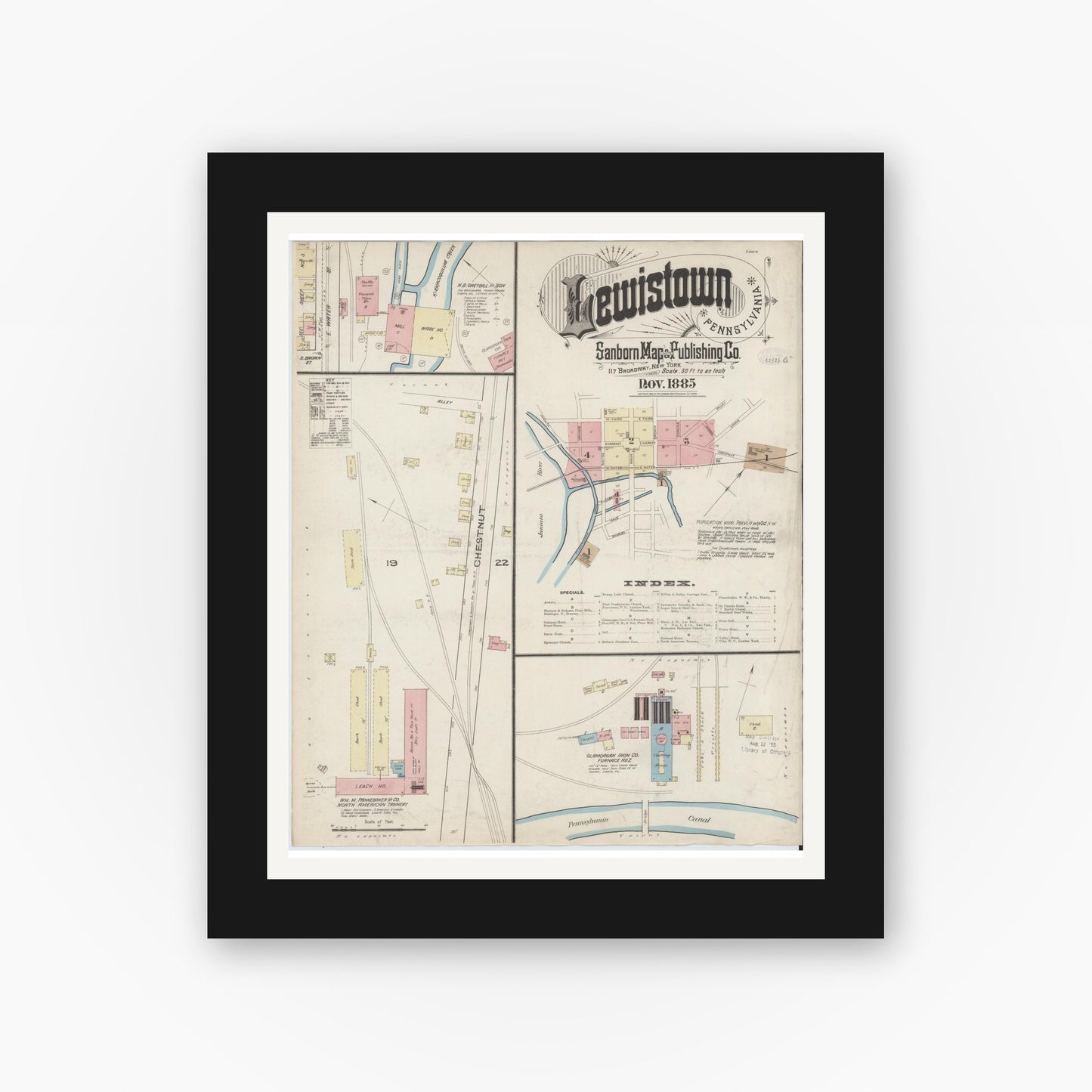 Old map wall art mockup — black gallery frame with white mat — Sanborn Fire Insurance Map from Lewistown, Mifflin County, Pennsylvania (1885), Sheet #0001