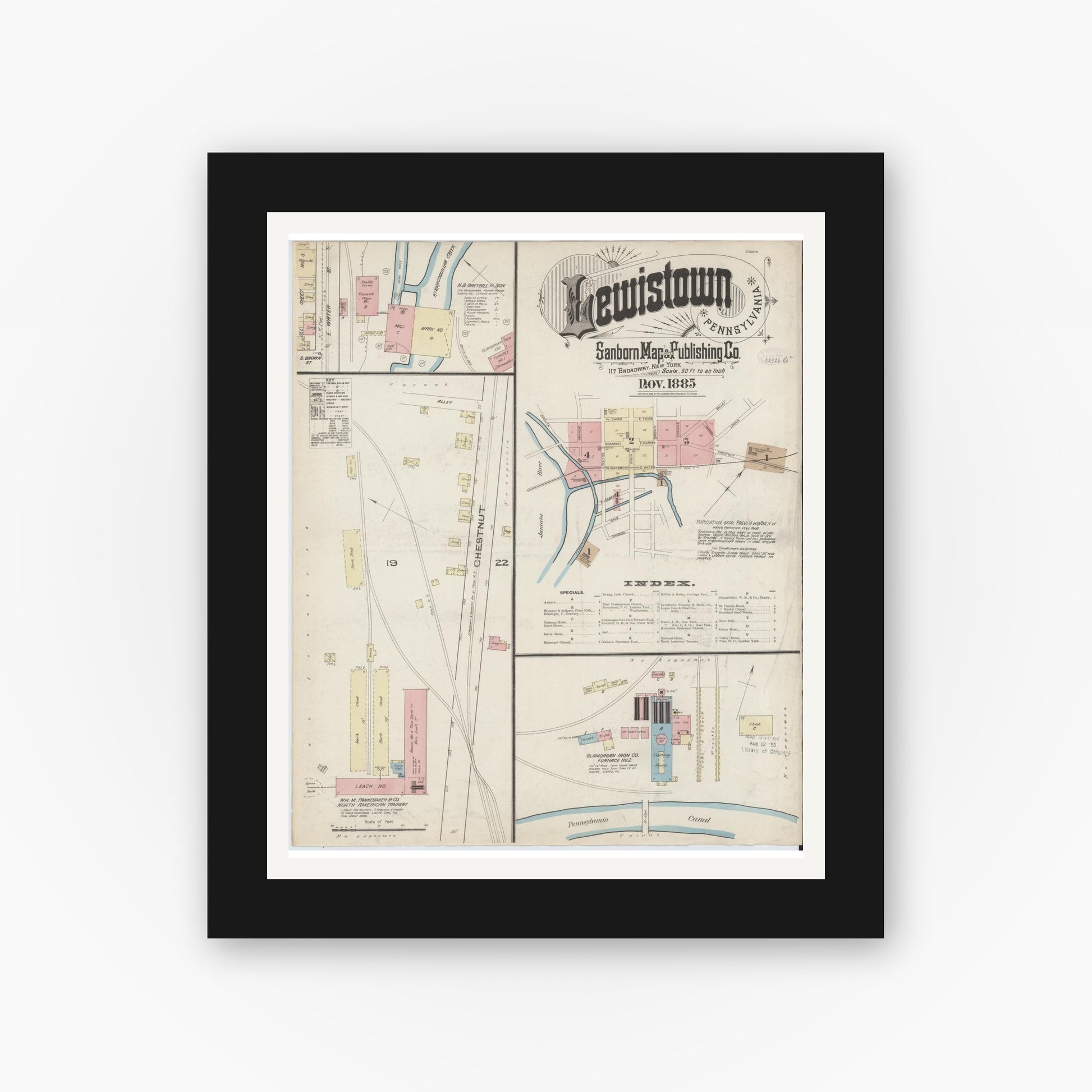 Old map wall art mockup — black gallery frame with white mat — Sanborn Fire Insurance Map from Lewistown, Mifflin County, Pennsylvania (1885), Sheet #0001