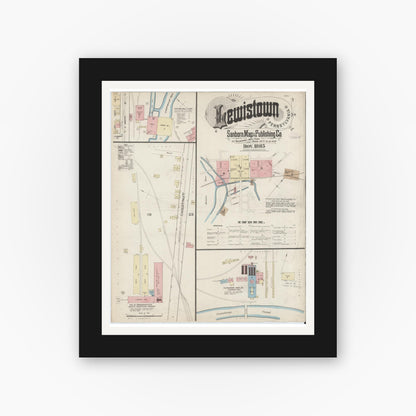 Old map wall art mockup — black gallery frame with white mat — Sanborn Fire Insurance Map from Lewistown, Mifflin County, Pennsylvania (1885), Sheet #0001