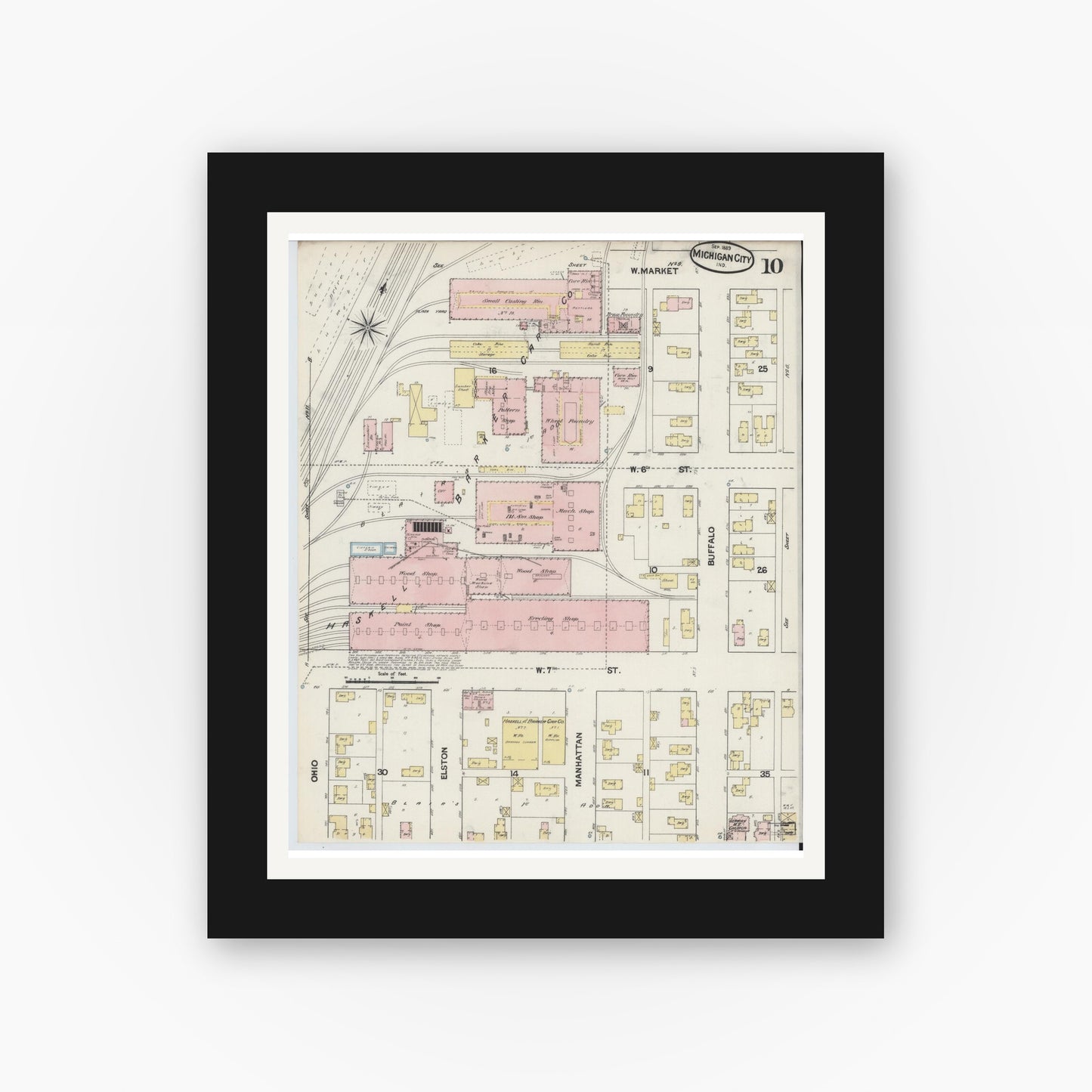 Old map wall art mockup — black gallery frame with white mat — Sanborn Fire Insurance Map from Michigan City, La Porte County, Indiana (1889), Sheet #0010