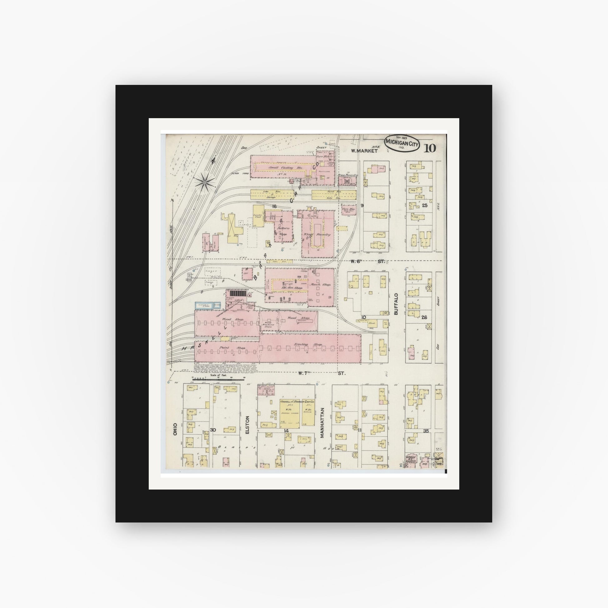 Old map wall art mockup — black gallery frame with white mat — Sanborn Fire Insurance Map from Michigan City, La Porte County, Indiana (1889), Sheet #0010