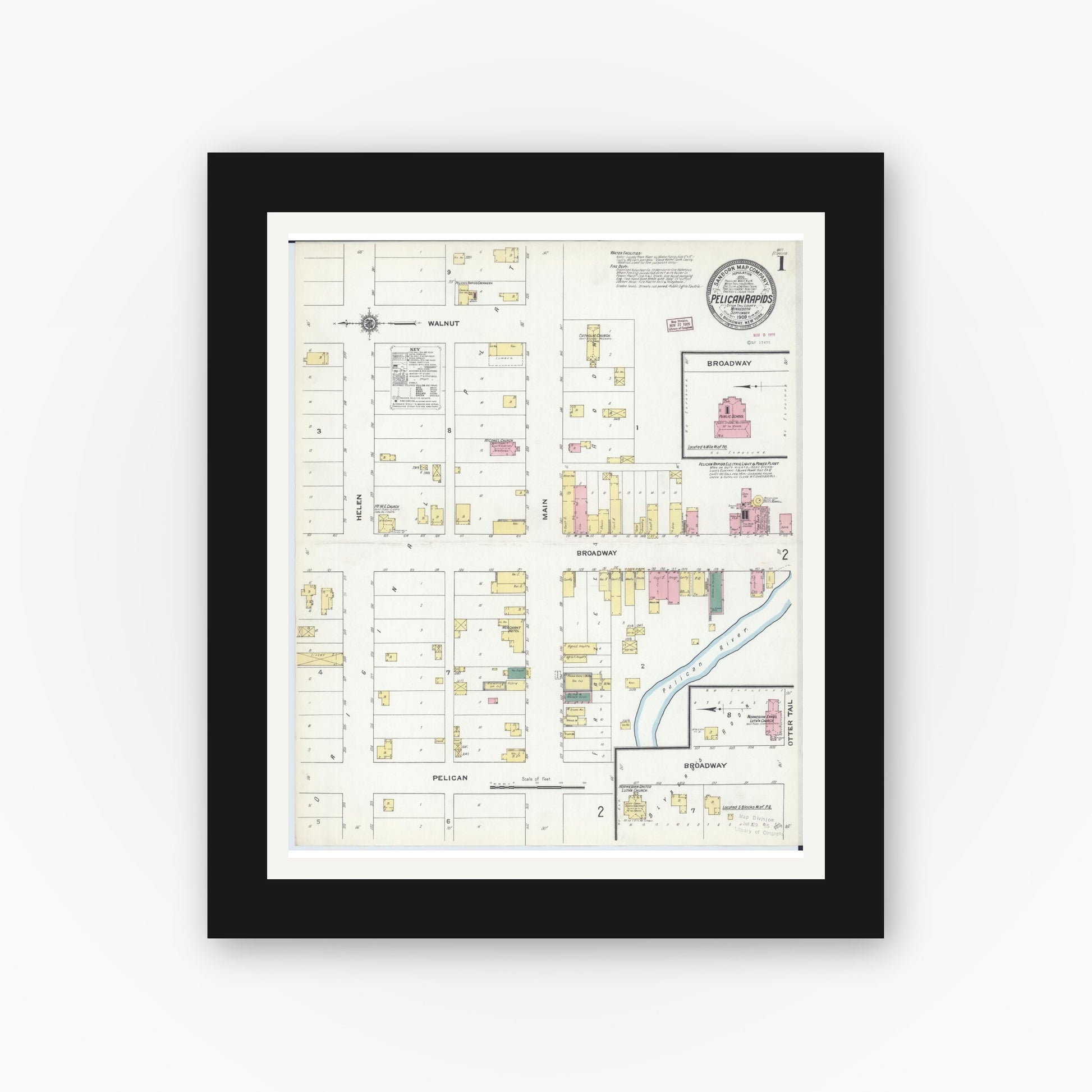 Old map wall art mockup — black gallery frame with white mat — Sanborn Fire Insurance Map from Pelican Rapids, Otter Tail County, Minnesota (1909), Sheet #0001