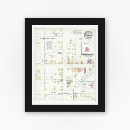Old map wall art mockup — black gallery frame with white mat — Sanborn Fire Insurance Map from Pelican Rapids, Otter Tail County, Minnesota (1909), Sheet #0001