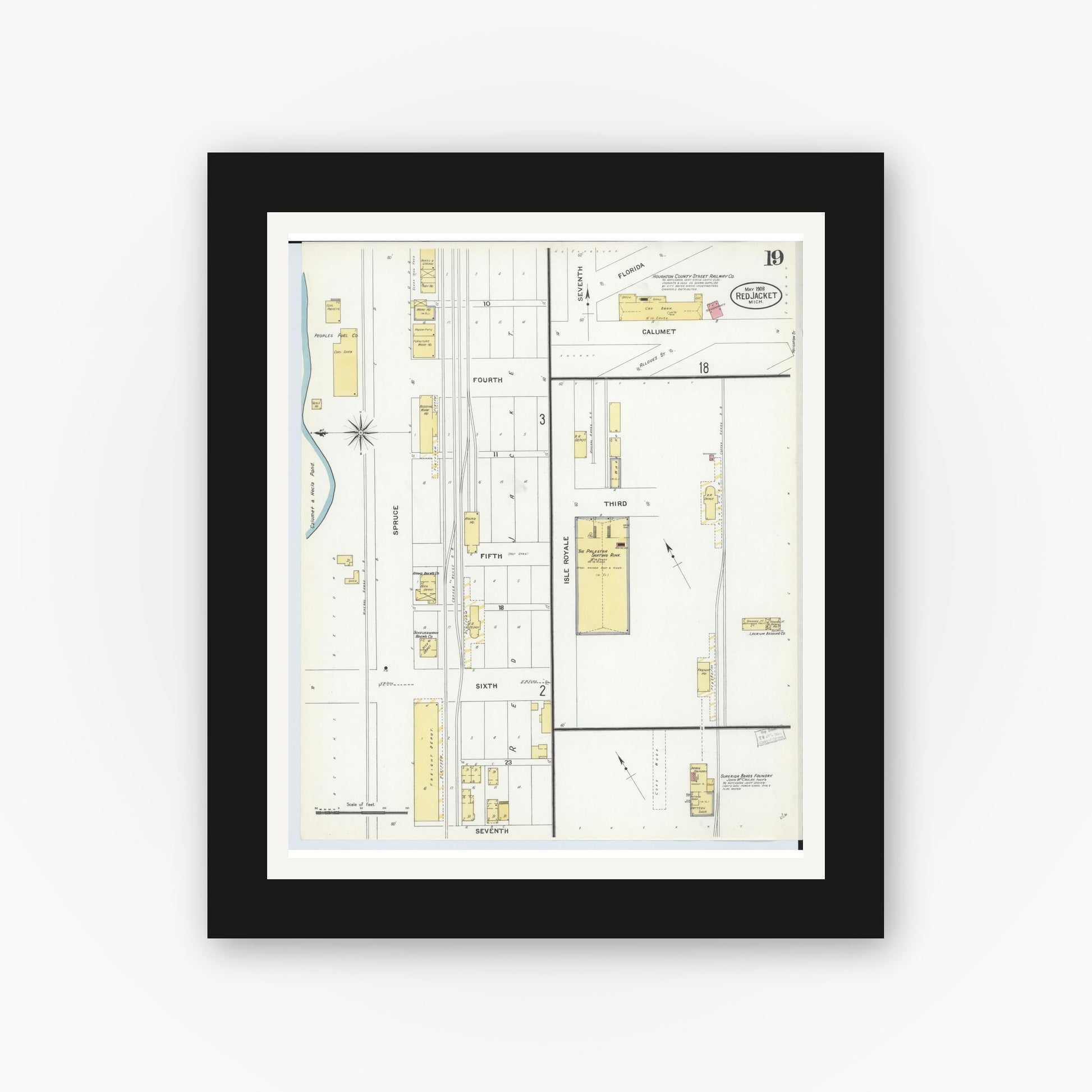 Old map wall art mockup — black gallery frame with white mat — Sanborn Fire Insurance Map from Red Jacket, Houghton County, Michigan (1908), Sheet #0019