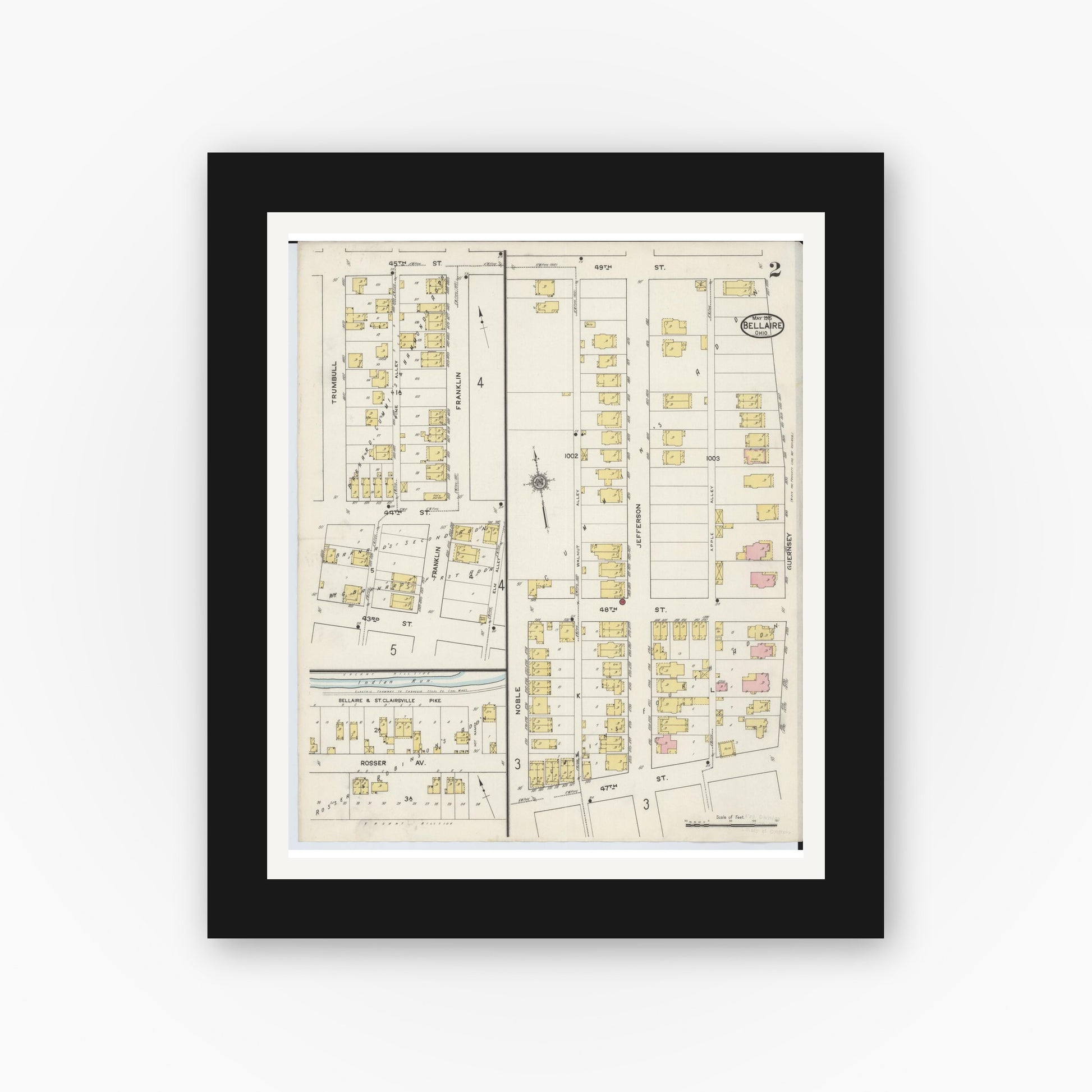 Old map wall art mockup — black gallery frame with white mat — Sanborn Fire Insurance Map from Bellaire, Belmont County, Ohio (1915), Sheet #0002