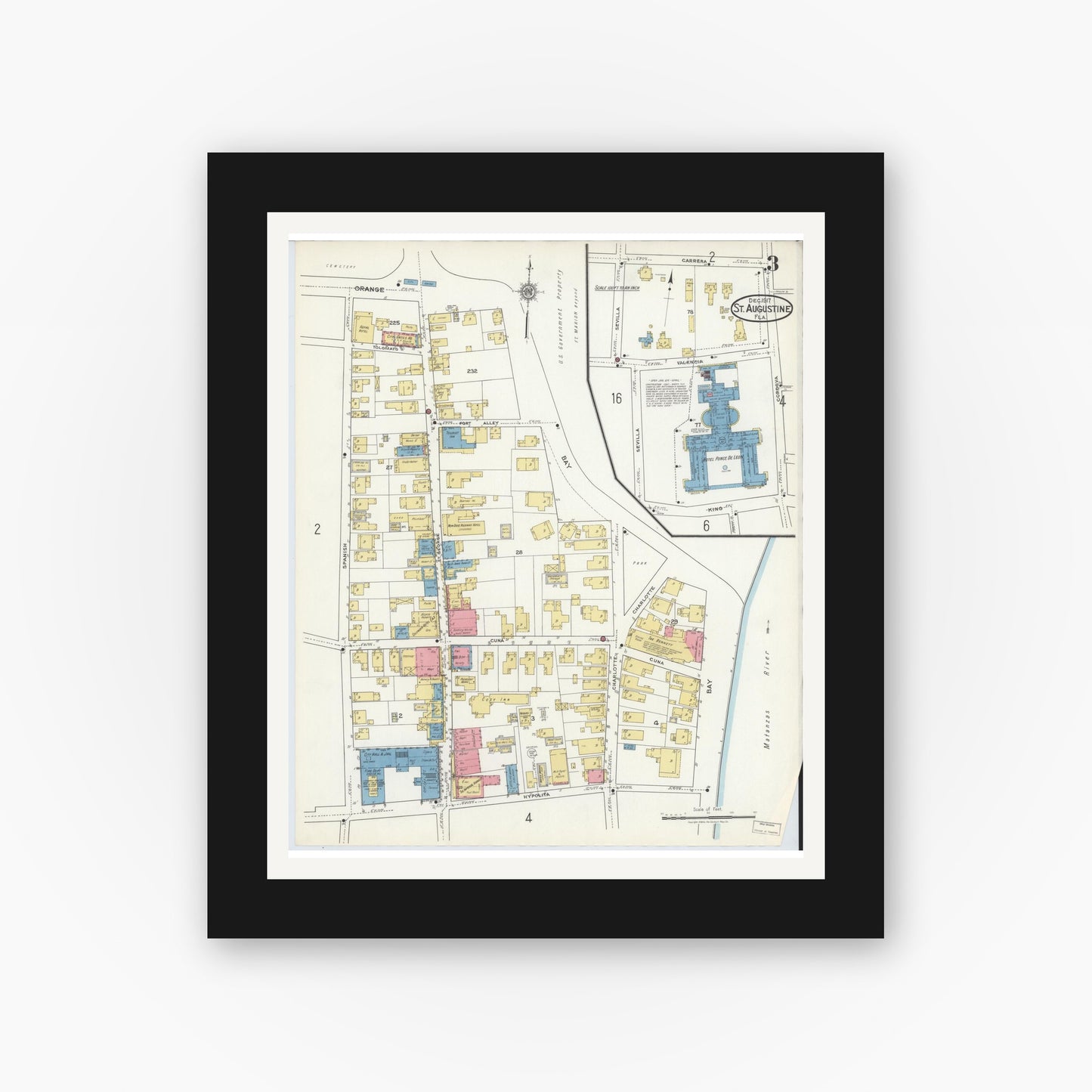Old map wall art mockup — black gallery frame with white mat — Sanborn Fire Insurance Map from Saint Augustine, Saint John's County, Florida (1917), Sheet #0003