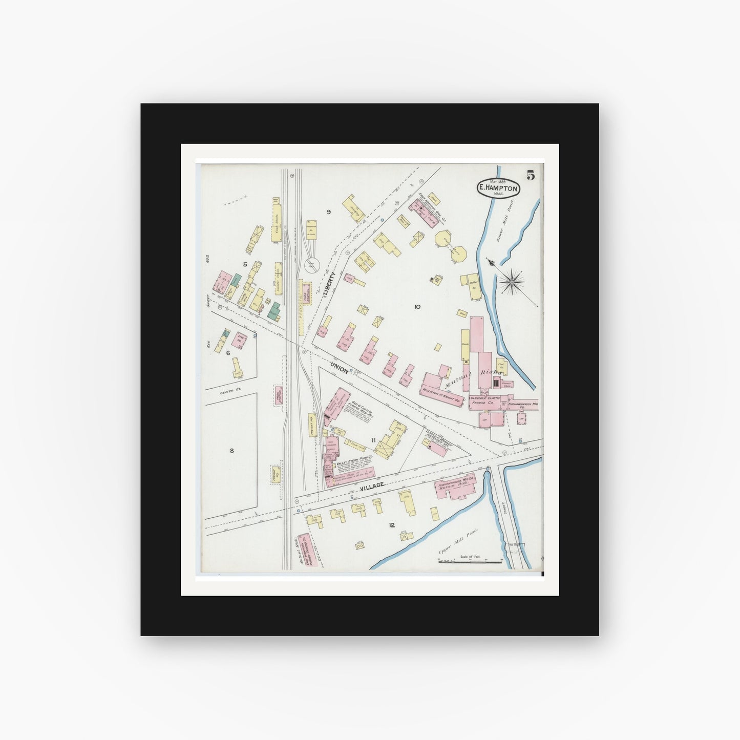Old map wall art mockup — black gallery frame with white mat — Sanborn Fire Insurance Map from East Hampton, Hampshire County, Massachusetts (1889), Sheet #0005
