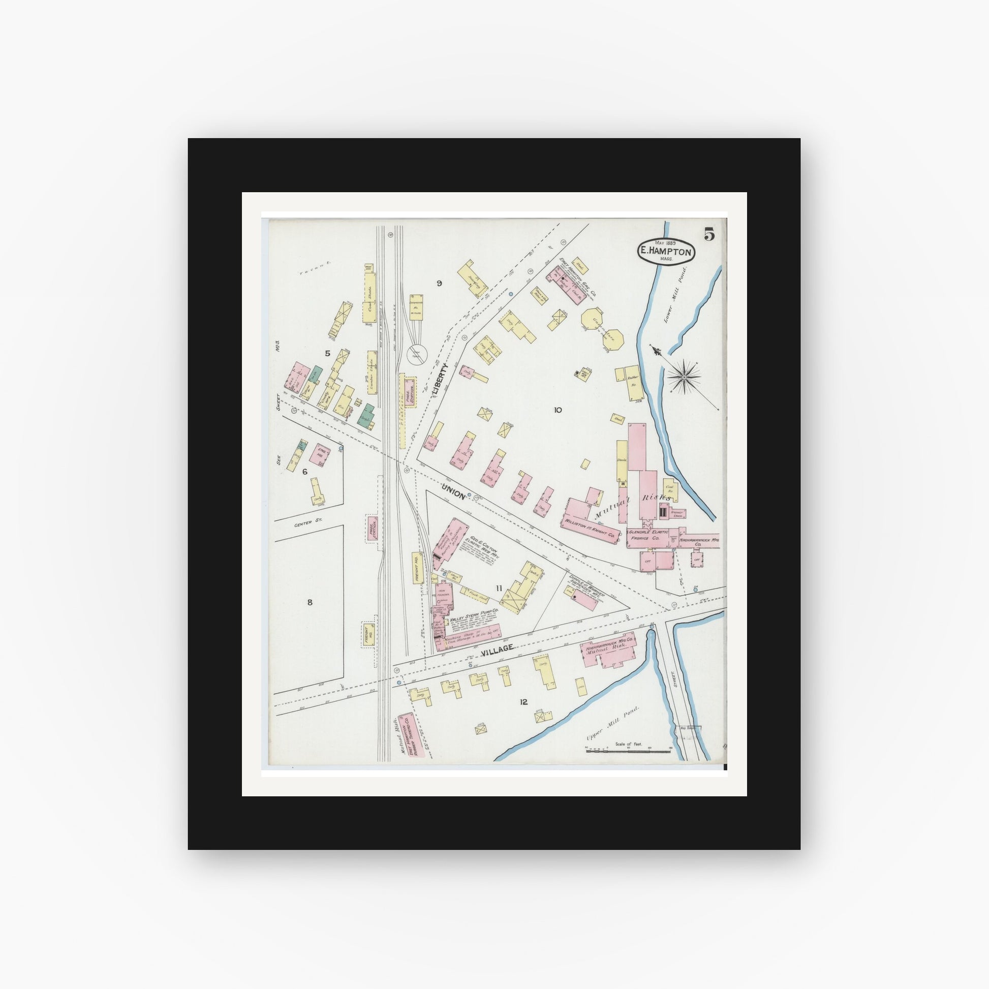 Old map wall art mockup — black gallery frame with white mat — Sanborn Fire Insurance Map from East Hampton, Hampshire County, Massachusetts (1889), Sheet #0005