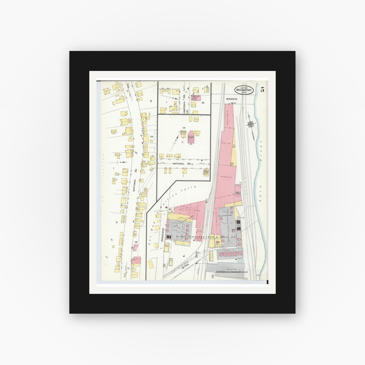 Old map wall art mockup — black gallery frame with white mat — Sanborn Fire Insurance Map from Bridgeport, Belmont County, Ohio (1910), Sheet #0005