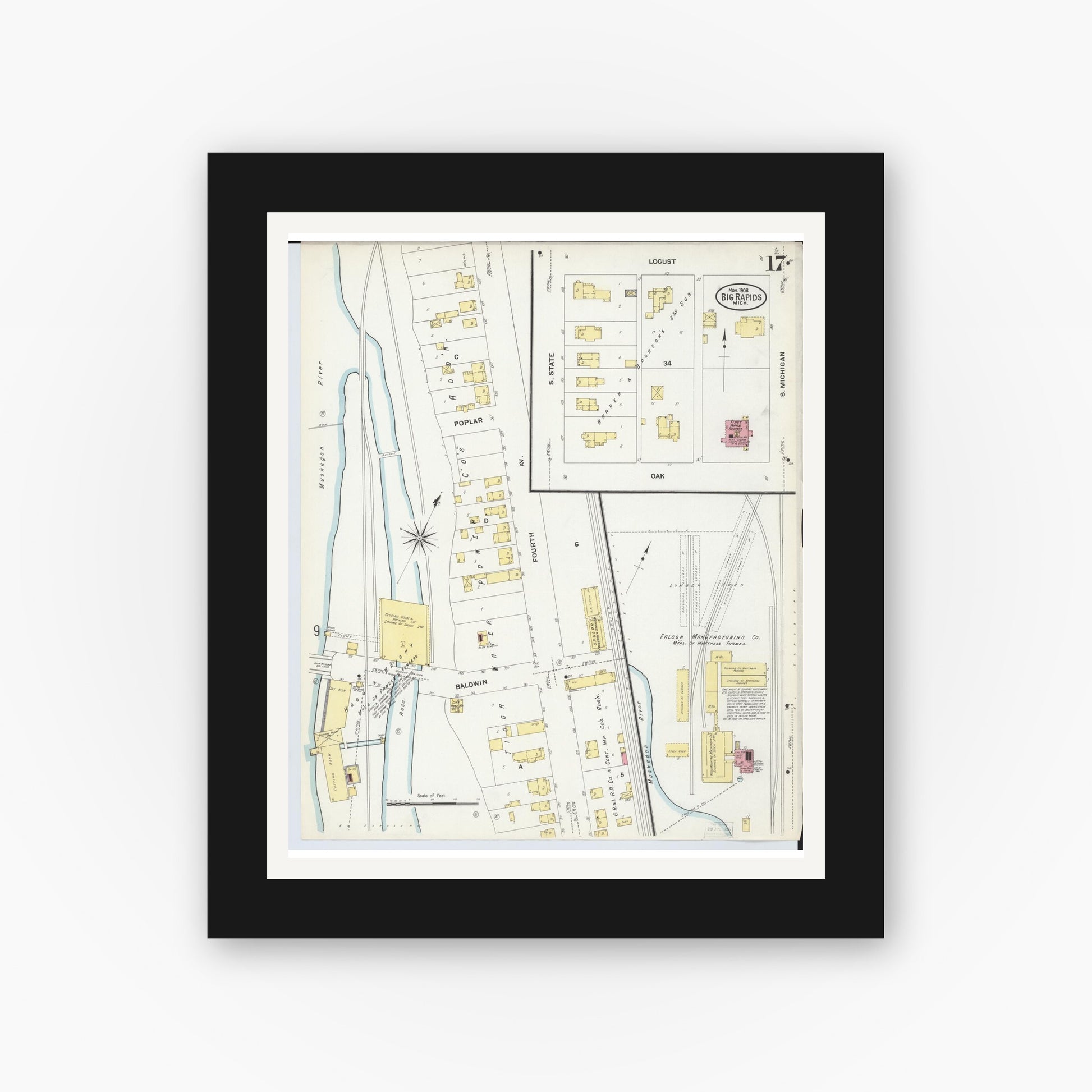Old map wall art mockup — black gallery frame with white mat — Sanborn Fire Insurance Map from Big Rapids, Mecosta County, Michigan (1908), Sheet #0017