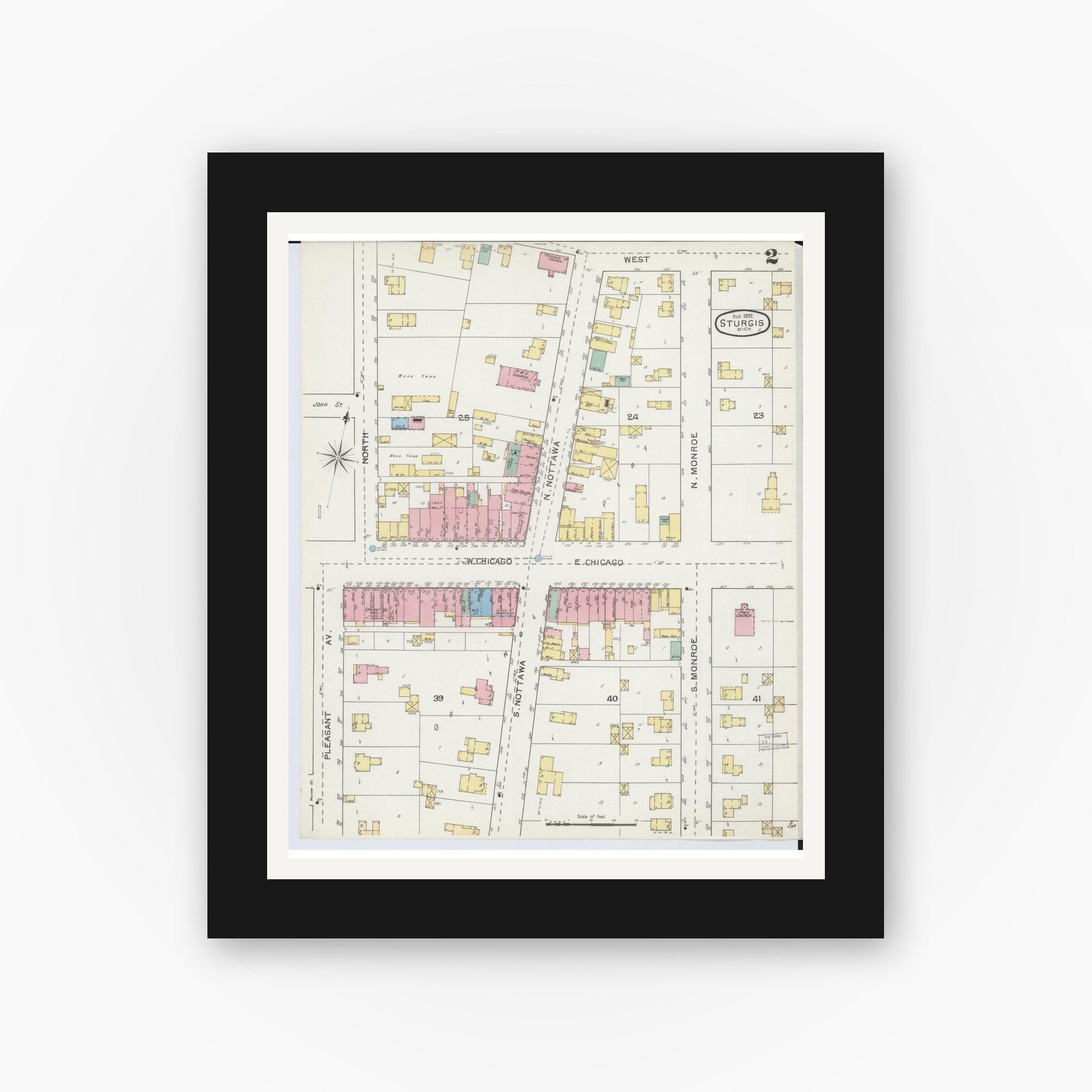 Old map wall art mockup — black gallery frame with white mat — Sanborn Fire Insurance Map from Sturgis, Saint Joseph County, Michigan (1892), Sheet #0002