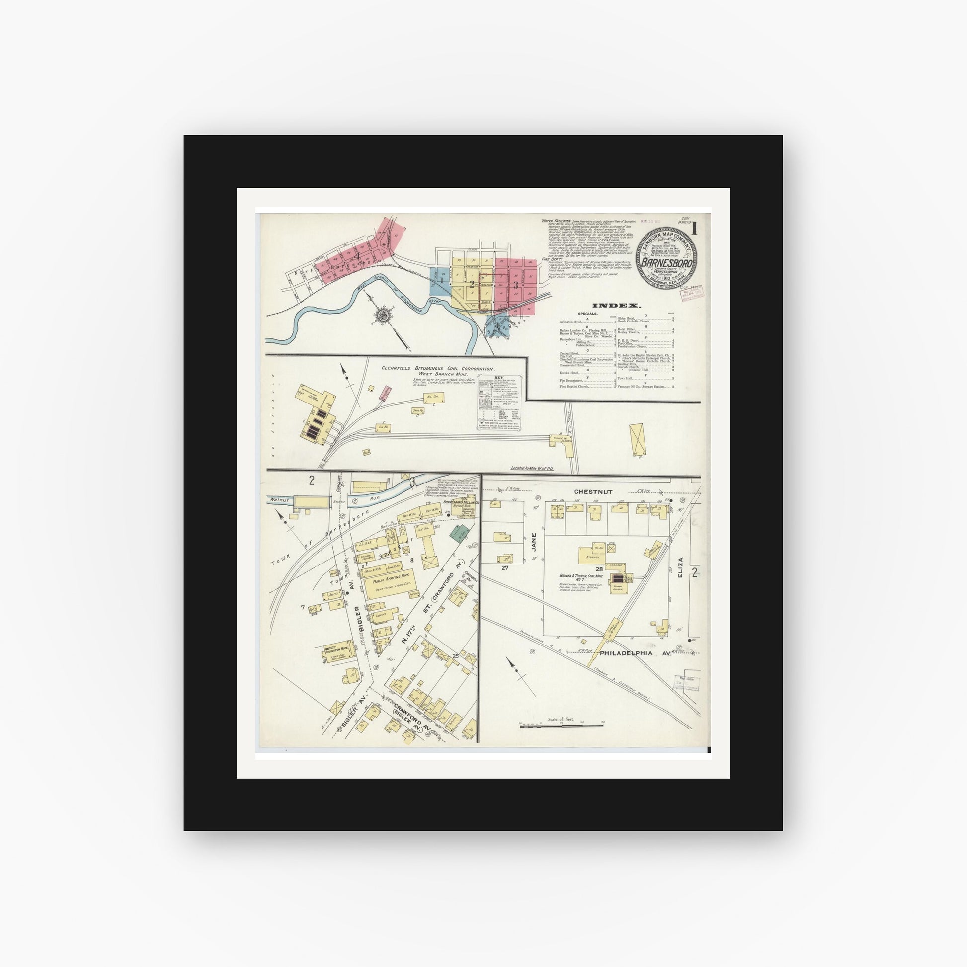 Old map wall art mockup — black gallery frame with white mat — Sanborn Fire Insurance Map from Barnesboro, Cambria County, Pennsylvania (1910), Sheet #0001