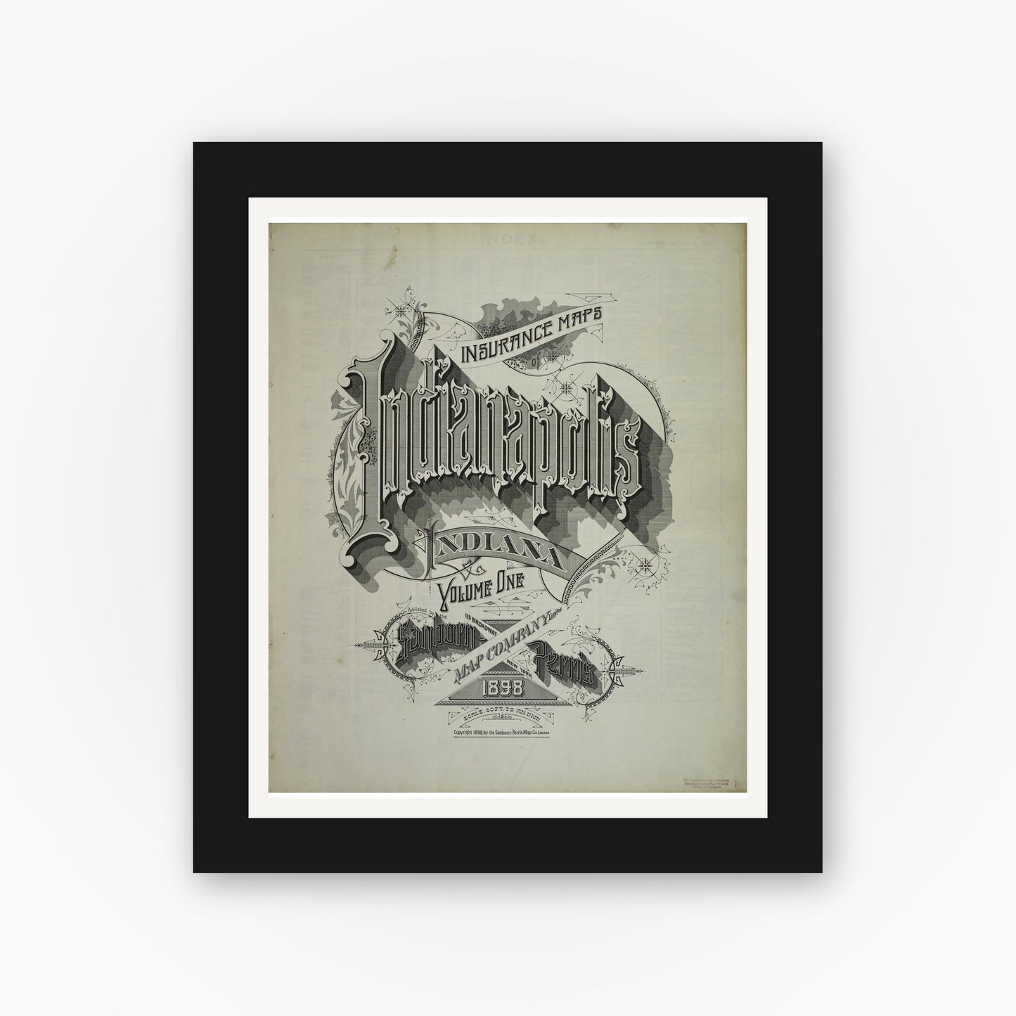 Old map wall art mockup — black gallery frame with white mat — Sanborn Fire Insurance Map from Indianapolis, Marion County, Indiana (1898), Sheet #0001