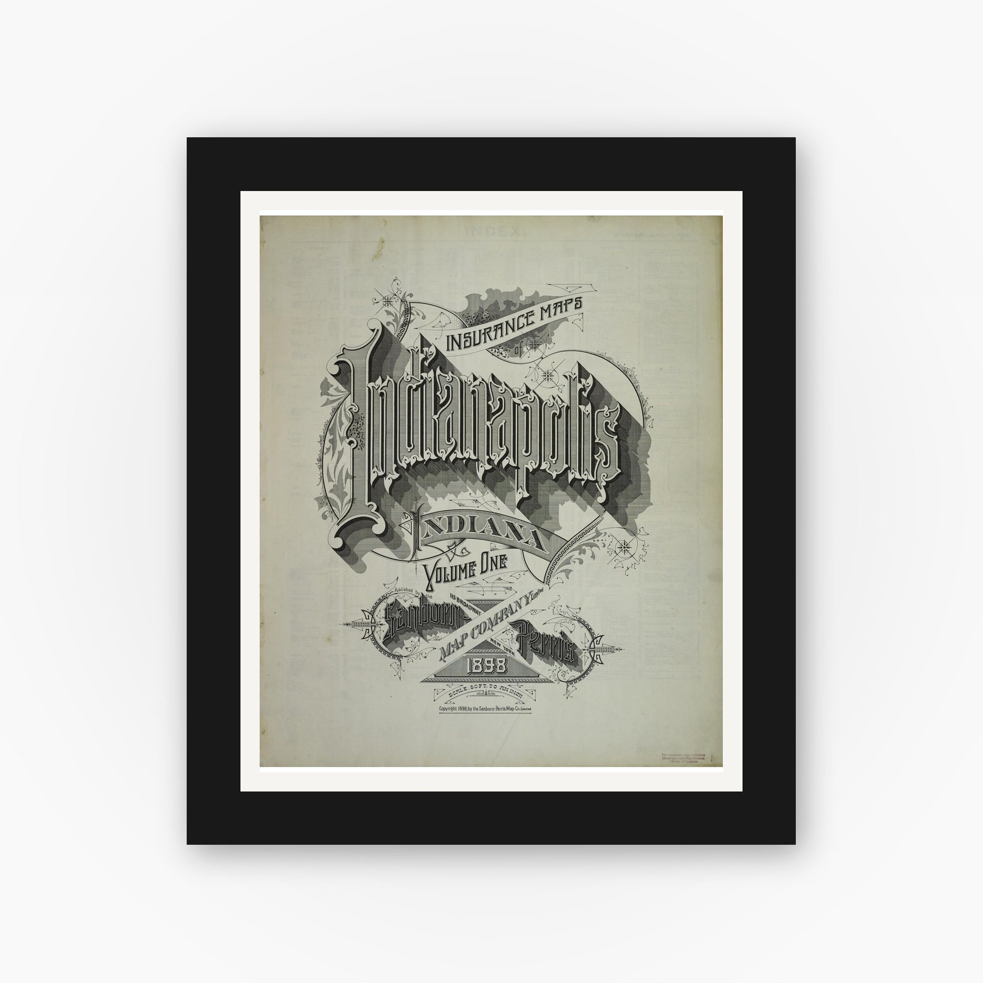 Old map wall art mockup — black gallery frame with white mat — Sanborn Fire Insurance Map from Indianapolis, Marion County, Indiana (1898), Sheet #0001