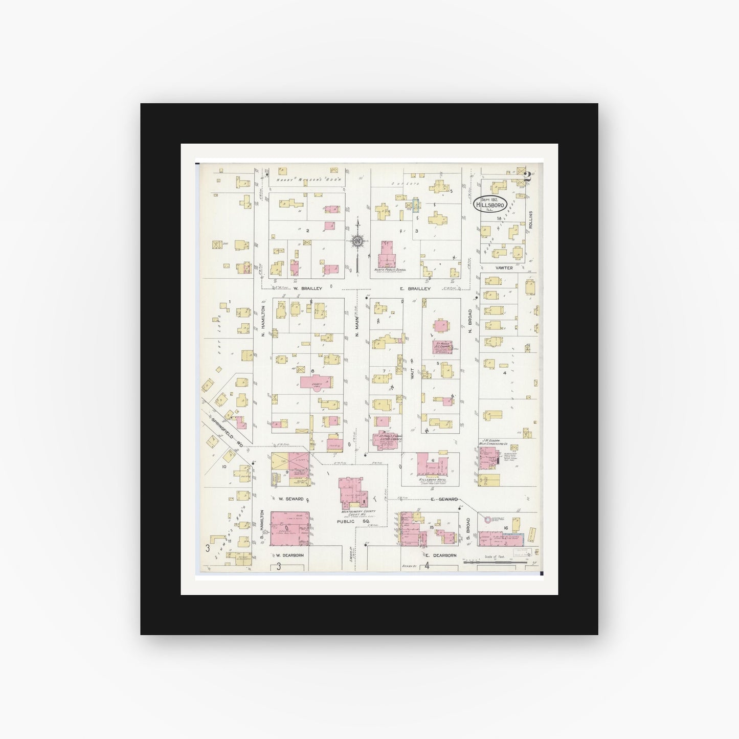 Old map wall art mockup — black gallery frame with white mat — Sanborn Fire Insurance Map from Hillsboro, Montgomery County, Illinois (1912), Sheet #0002