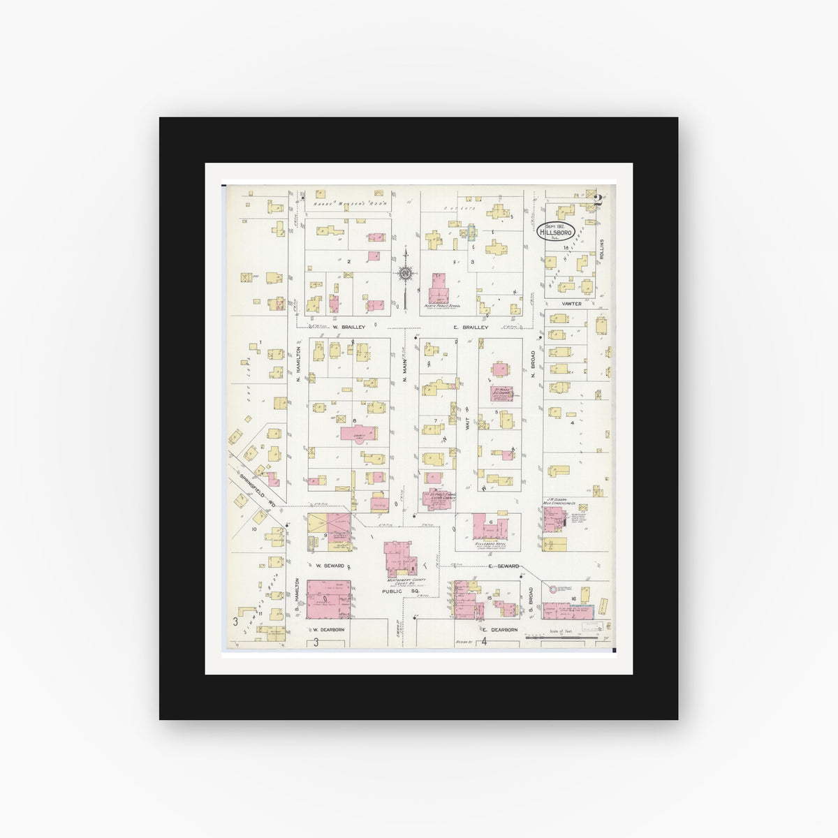 Old map wall art mockup — black gallery frame with white mat — Sanborn Fire Insurance Map from Hillsboro, Montgomery County, Illinois (1912), Sheet #0002