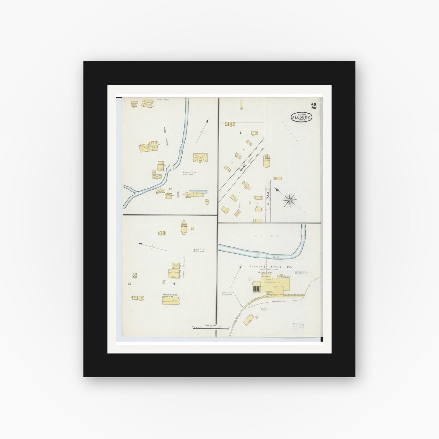 Old map wall art mockup — black gallery frame with white mat — Sanborn Fire Insurance Map from Allouez, Keweenaw And Houghton Counties, Michigan (1895), Sheet #0002