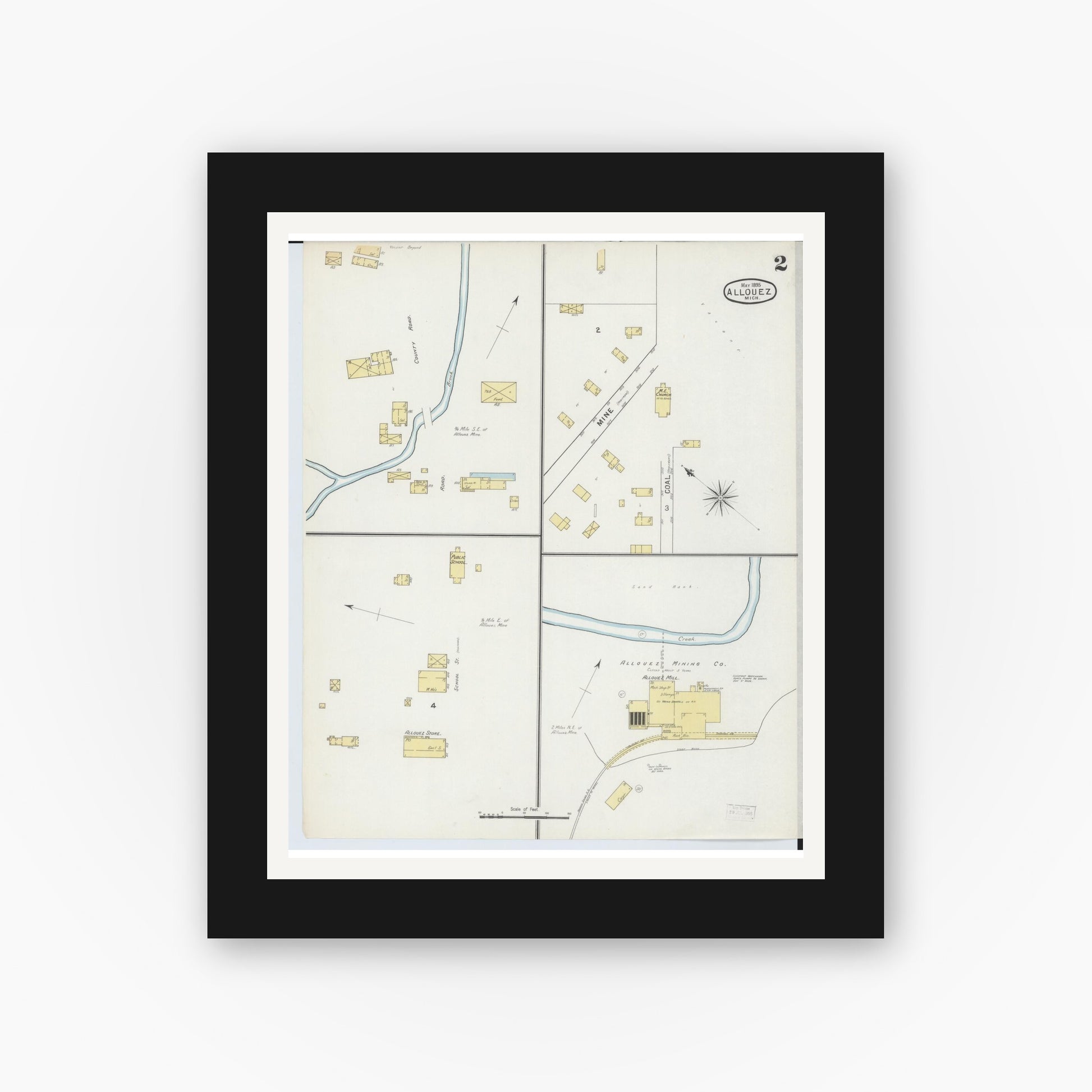 Old map wall art mockup — black gallery frame with white mat — Sanborn Fire Insurance Map from Allouez, Keweenaw And Houghton Counties, Michigan (1895), Sheet #0002