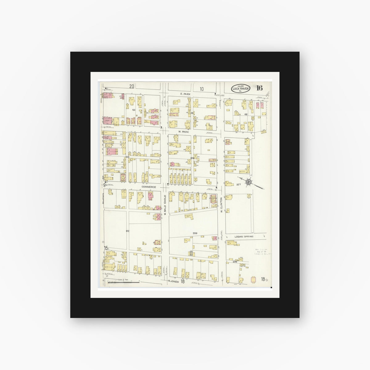 Old map wall art mockup — black gallery frame with white mat — Sanborn Fire Insurance Map from Lock Haven, Clinton County, Pennsylvania (1914), Sheet #0016