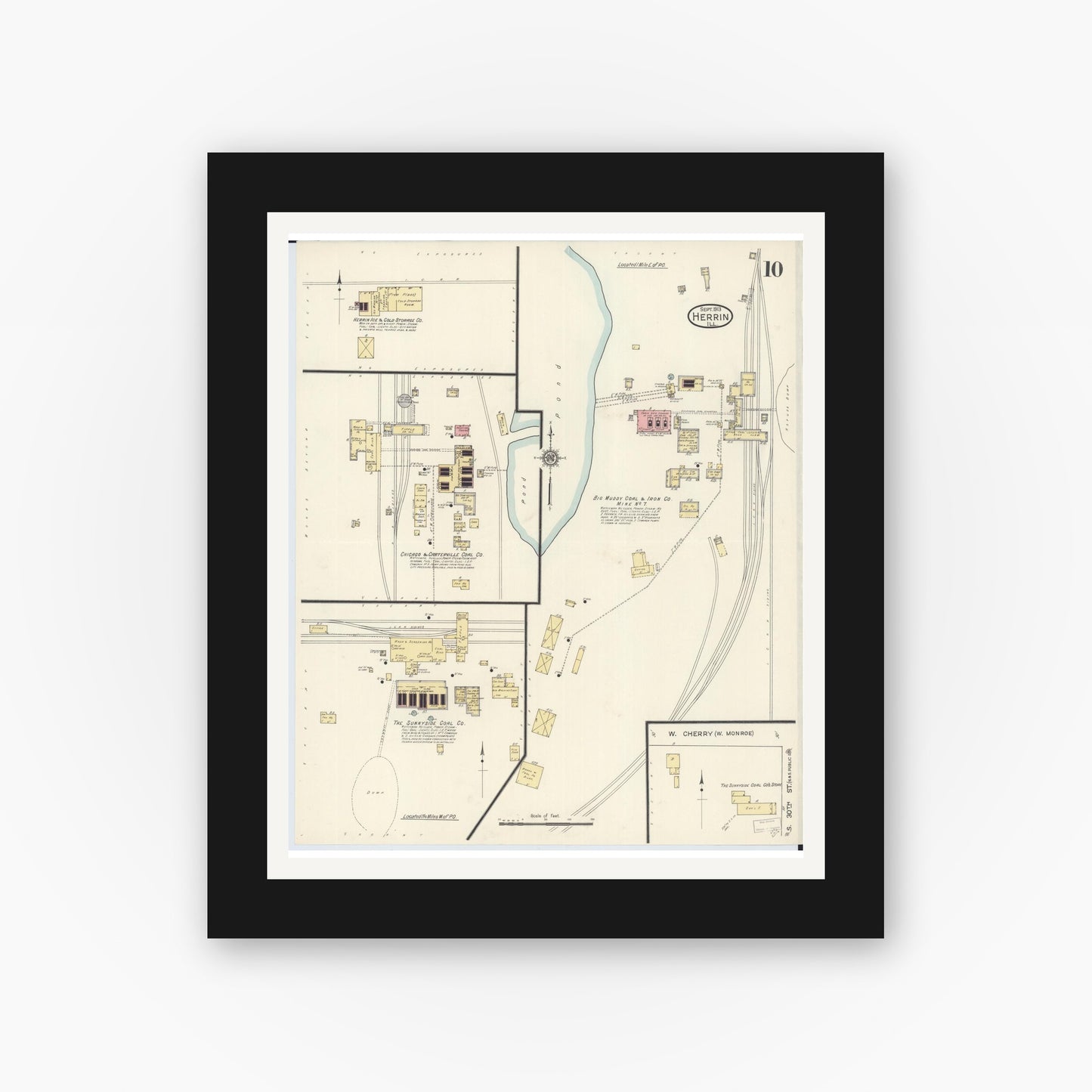 Old map wall art mockup — black gallery frame with white mat — Sanborn Fire Insurance Map from Herrin, Williamson County, Illinois (1913), Sheet #0010